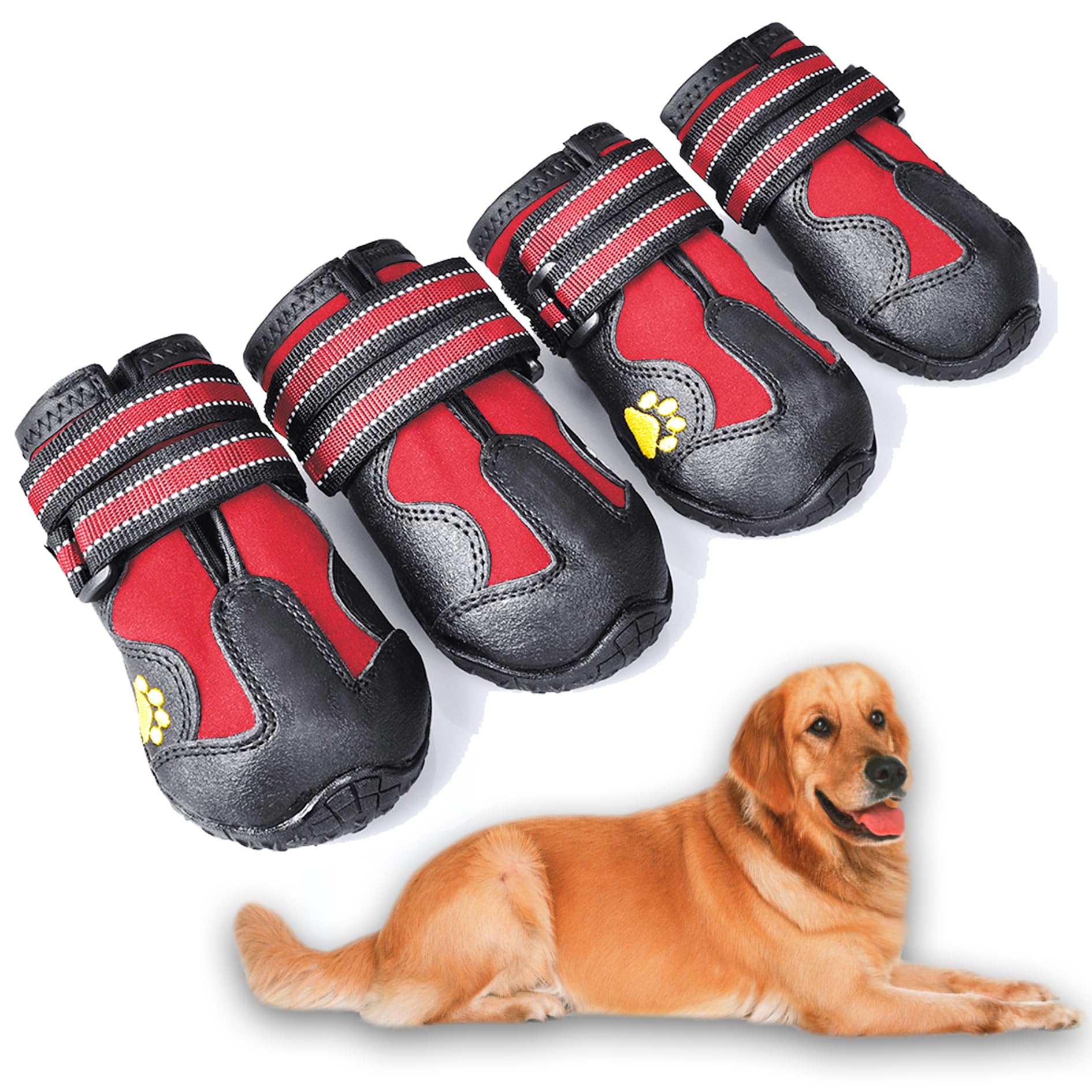Xsy&G Dog Boots,Waterproof Dog Shoes,Dog Booties With Reflective Strips Rugged Anti-Slip Sole And Skid-Proof,Outdoor Dog Shoes For Small Medium Large Dogs 4Pcs Red-Size 4
