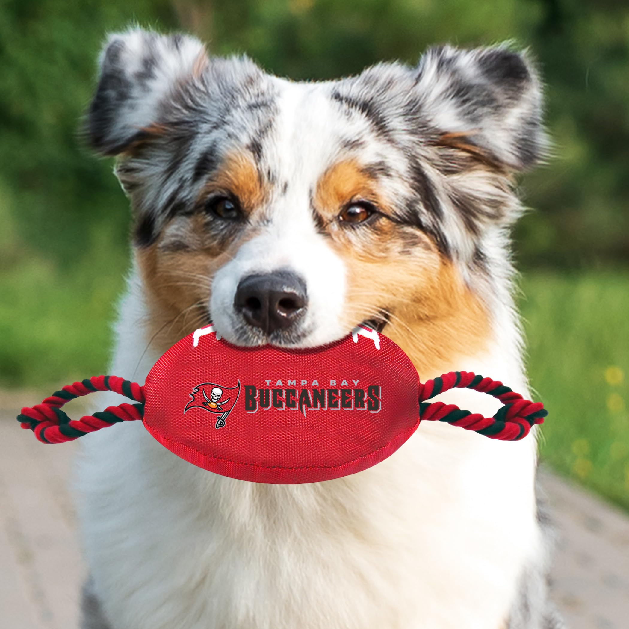 Pets First NFL Tampa Bay Buccaneers Football Dog Toy, Tough Quality Nylon Materials, Strong Pull Ropes, Inner Squeaker, NFL Team