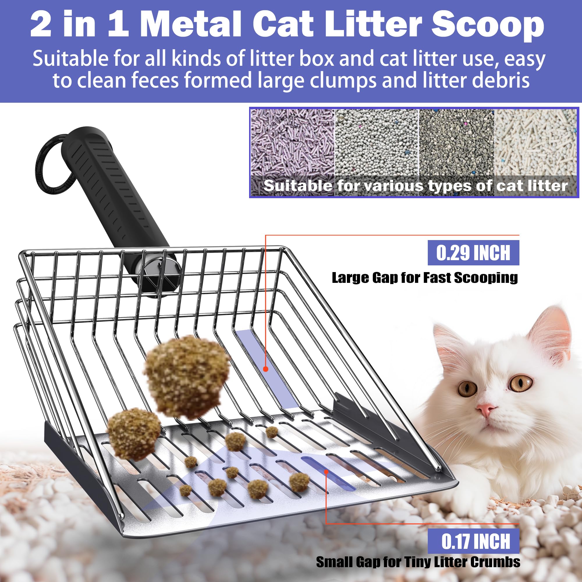 Cat Litter Scooper with Holder, Metal Litter Scoop Includes Portable Small Broom and Dustpan Set, Heavy Duty Stainless Steel Lit