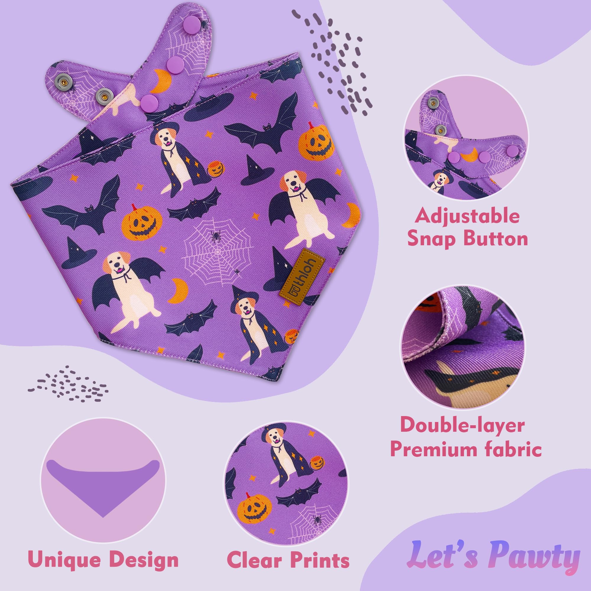 Thloh Halloween Dog Bandanas - 2 Pack Purple Dog Bandana With Snap Button | Reversible Pet Scarf For Boy & Girl | Premium Durabl