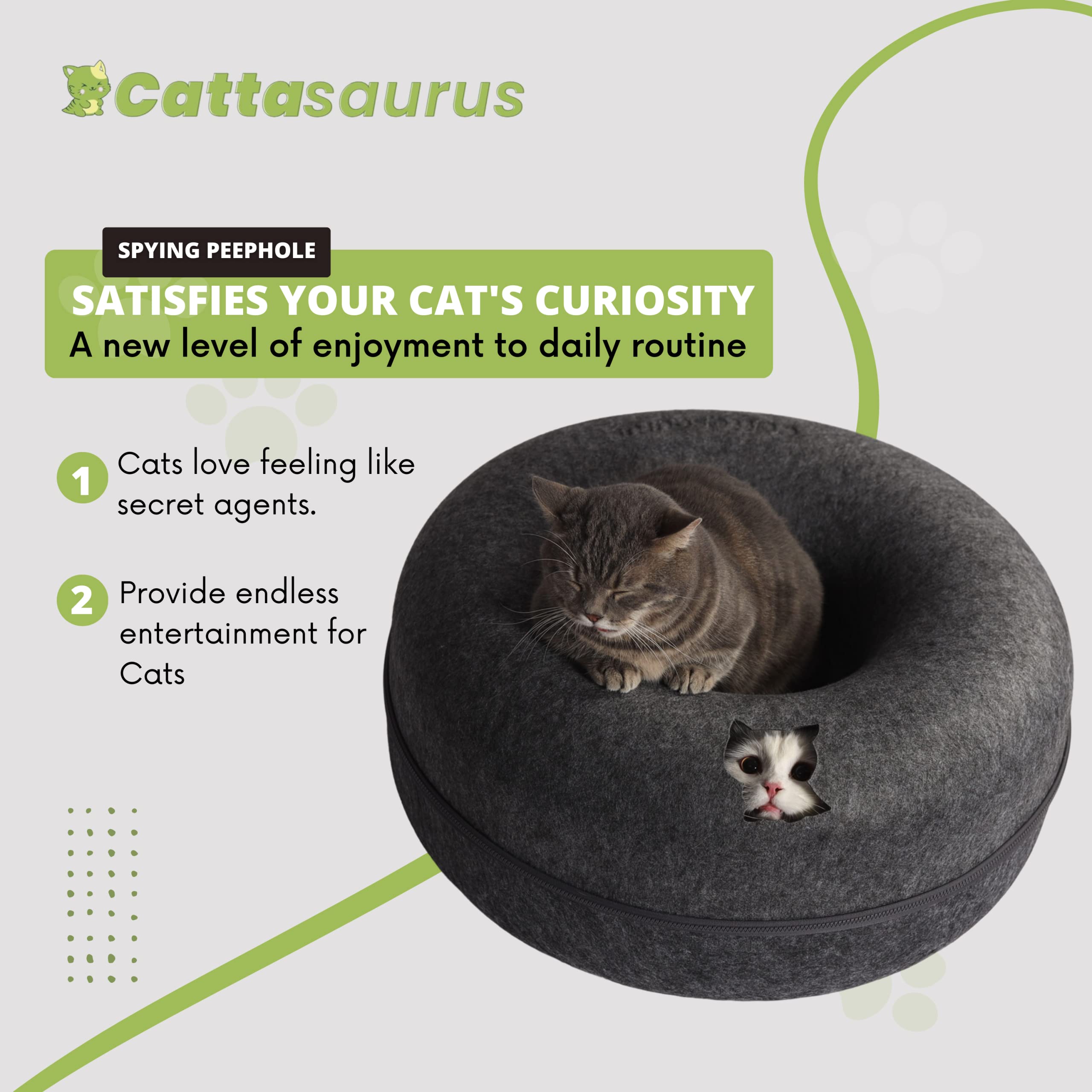 Cattasaurus Peekaboo Cat Cave For Multiple & Large Cats Up To 30-45 Lbs, Scratch Detachable & Washable Tunnel Bed, Comfy Donut Cat Cave (Dark Gray, Large)