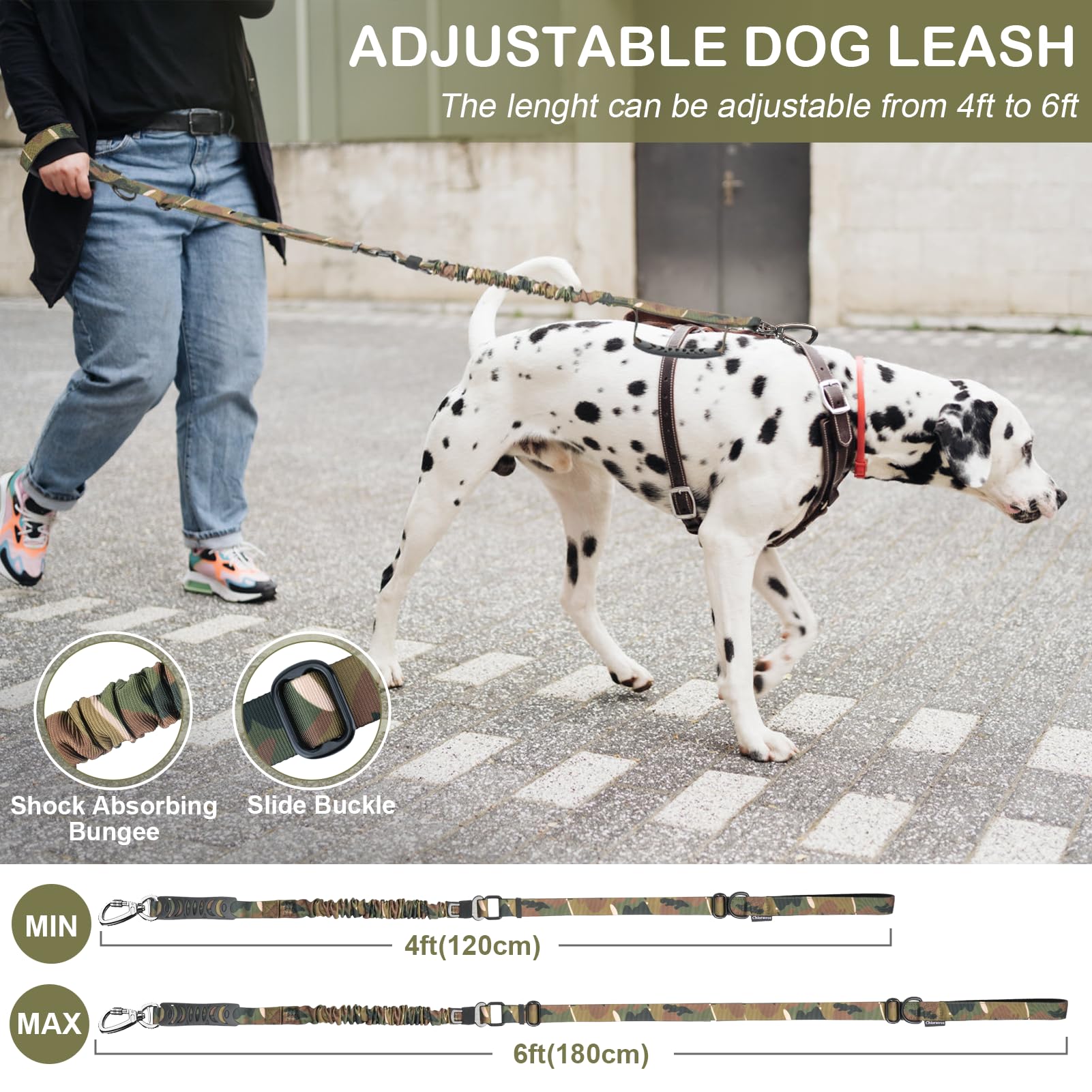 Tactical Dog Leash Heavy Duty, 4-6FT Shock Absorbing Bungee Dog Leash, Strong No Pull Military Dog Leash with Control Handle, Pa