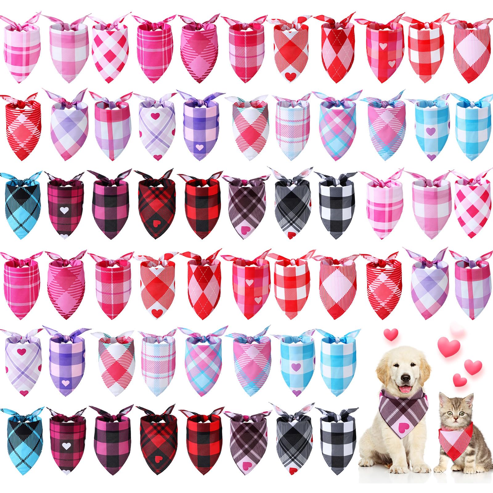 Sweetude 60 Pcs Wedding Plaid Dog Bandanas Bulk Heart Pet Scarf Bibs Mother'Day Adjustable Washable Kerchief Holiday Pet Costume