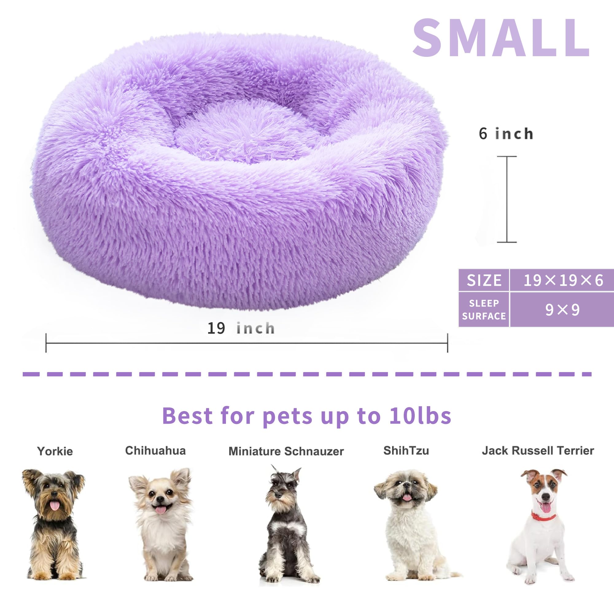 Purple Dog Bed For Small Dogs 19 Inch Donut Cuddler Plush Cat Calming Bed With Machine Washable, Non-Slip Fluffy Dog & Cat Calming Cushion Bed For Joint-Relief And Sleep Improvement