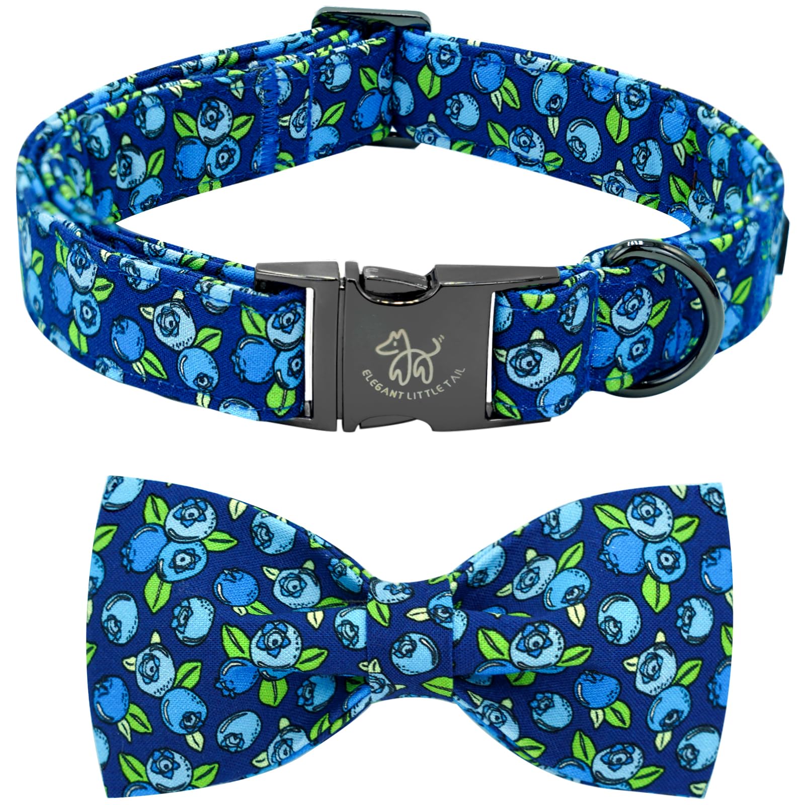 Elegant Little Tail Dog Collar- Cute Blueberry Dog Collar With Bow For Medium Dogs, Male Adjustable Cotton Summer Pet Bow Holida