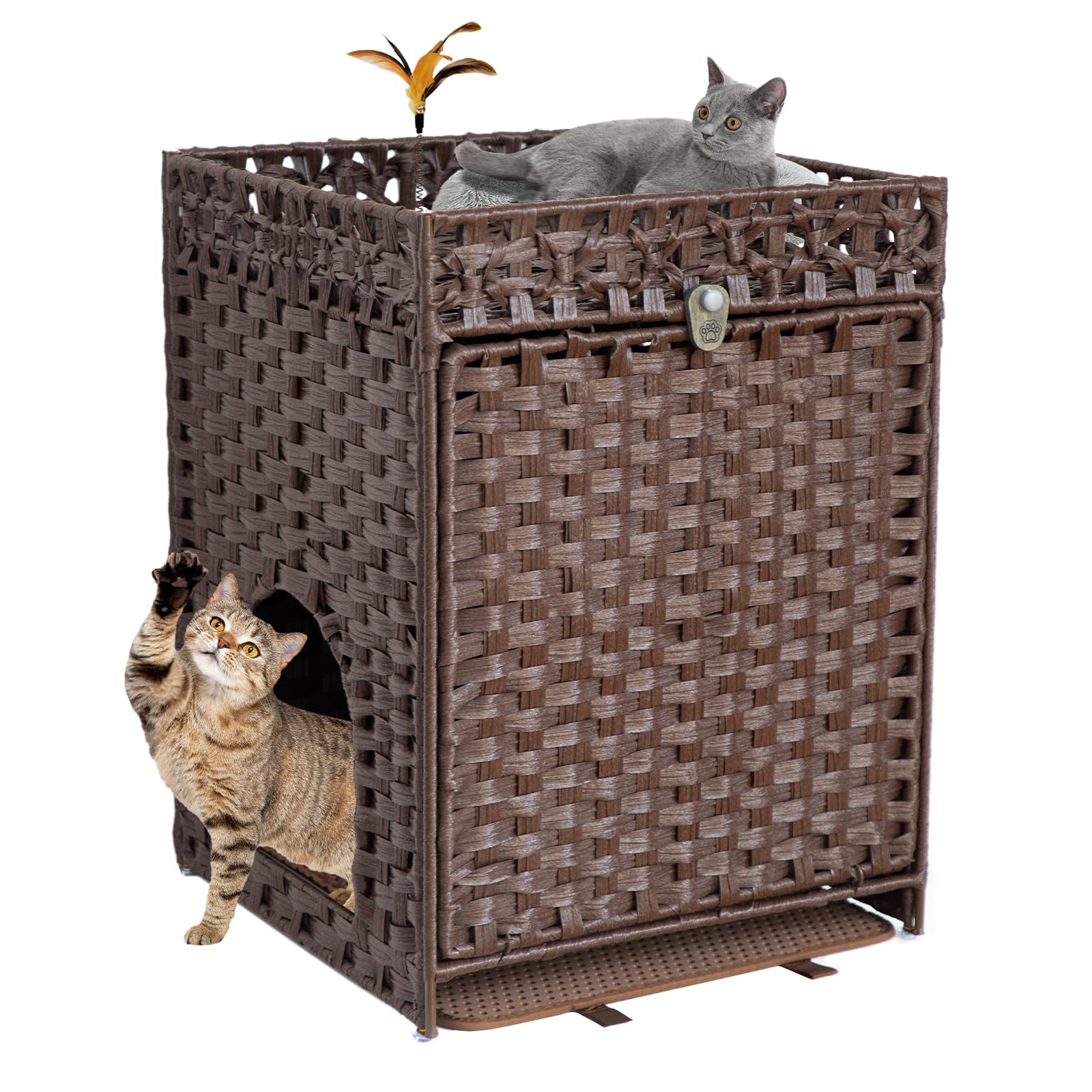 KOUSEI Handwoven Rattan Cat Litter Box Enclosure Furniture - Hidden Indoor Pet House with Door & Mat, Discreet Washroom Cabinet 