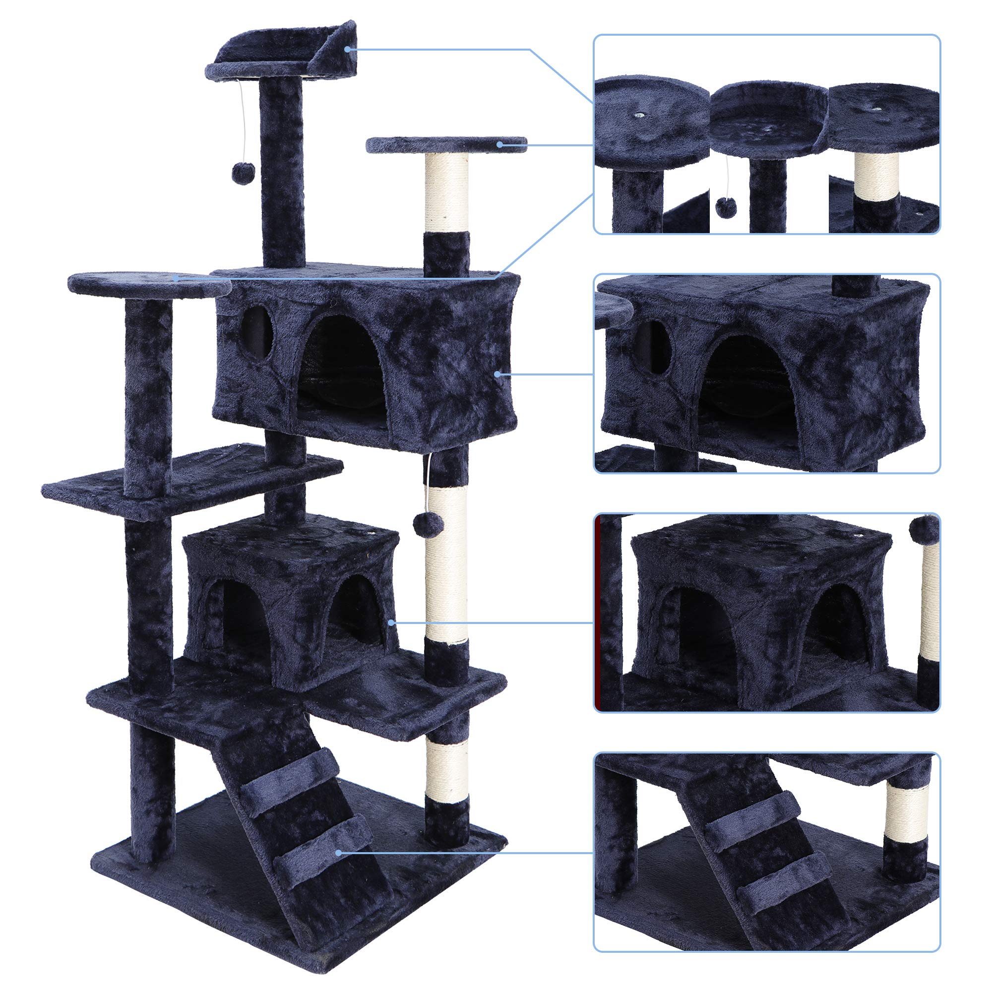 Zeny 53 Inches Cat Tree With Sisal-Covered Scratching Posts And 2 Plush Rooms Cat Furniture For Kittens (Navy Blue)