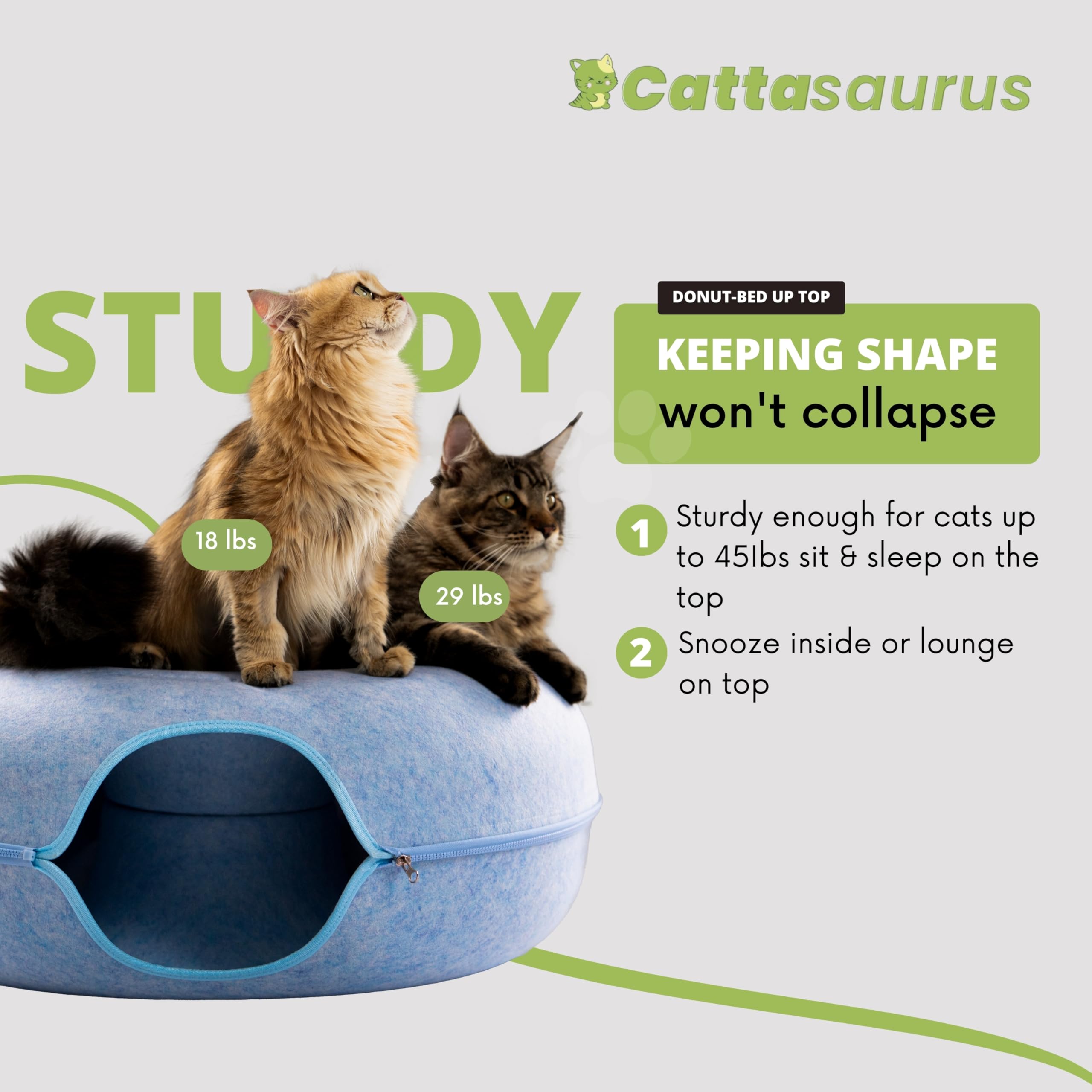 Cattasaurus Peekaboo Cat Cave Donut for Multiple & Large Cats up to 30-45 lbs, 3-in-1 Self Warming Cat Bed, Tunnel & Scratcher f