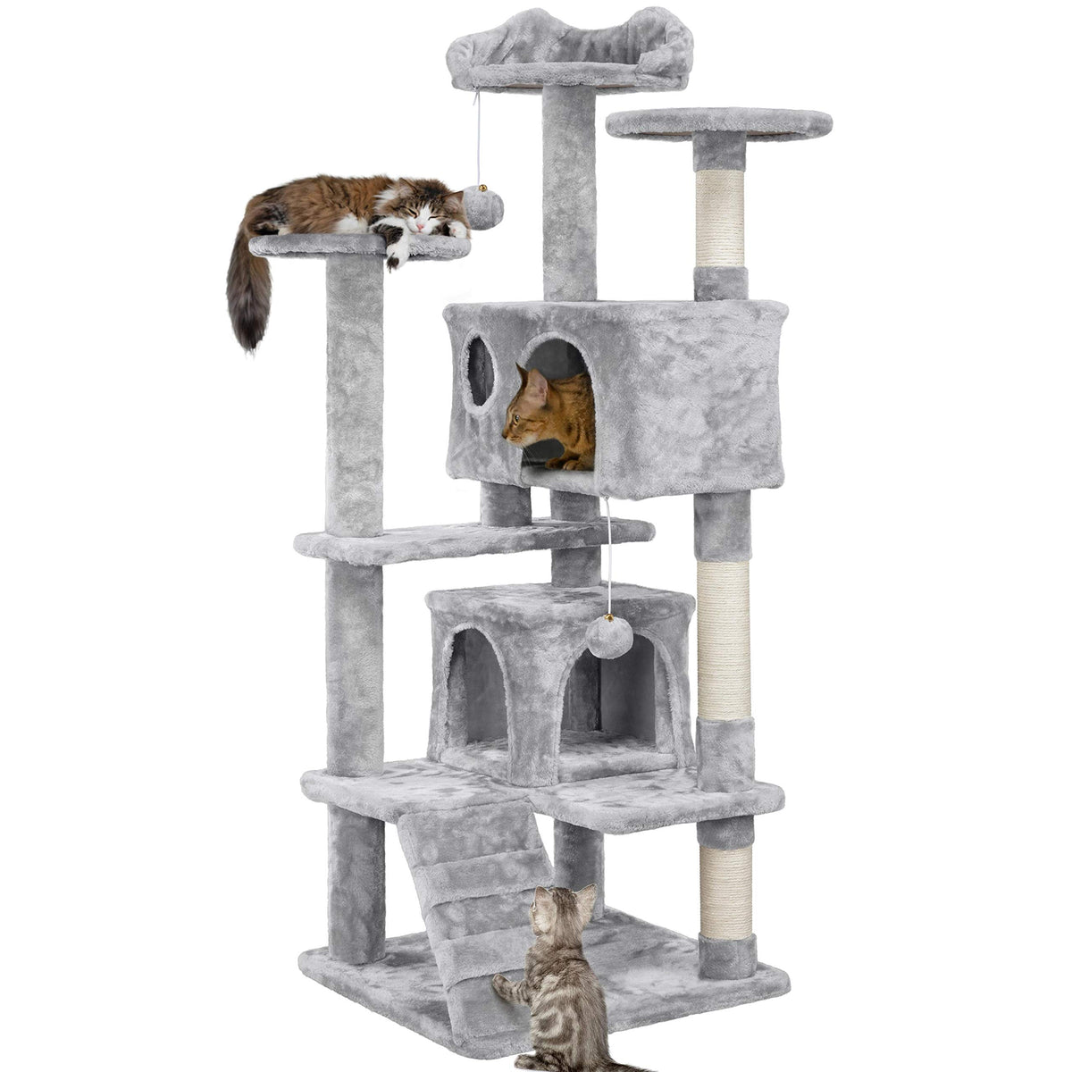 Yaheetech 54In Cat Tree Cat Tower W/Scratching Posts, Double Condos And Dangling Balls Kittens Pet House Play, Light Gray