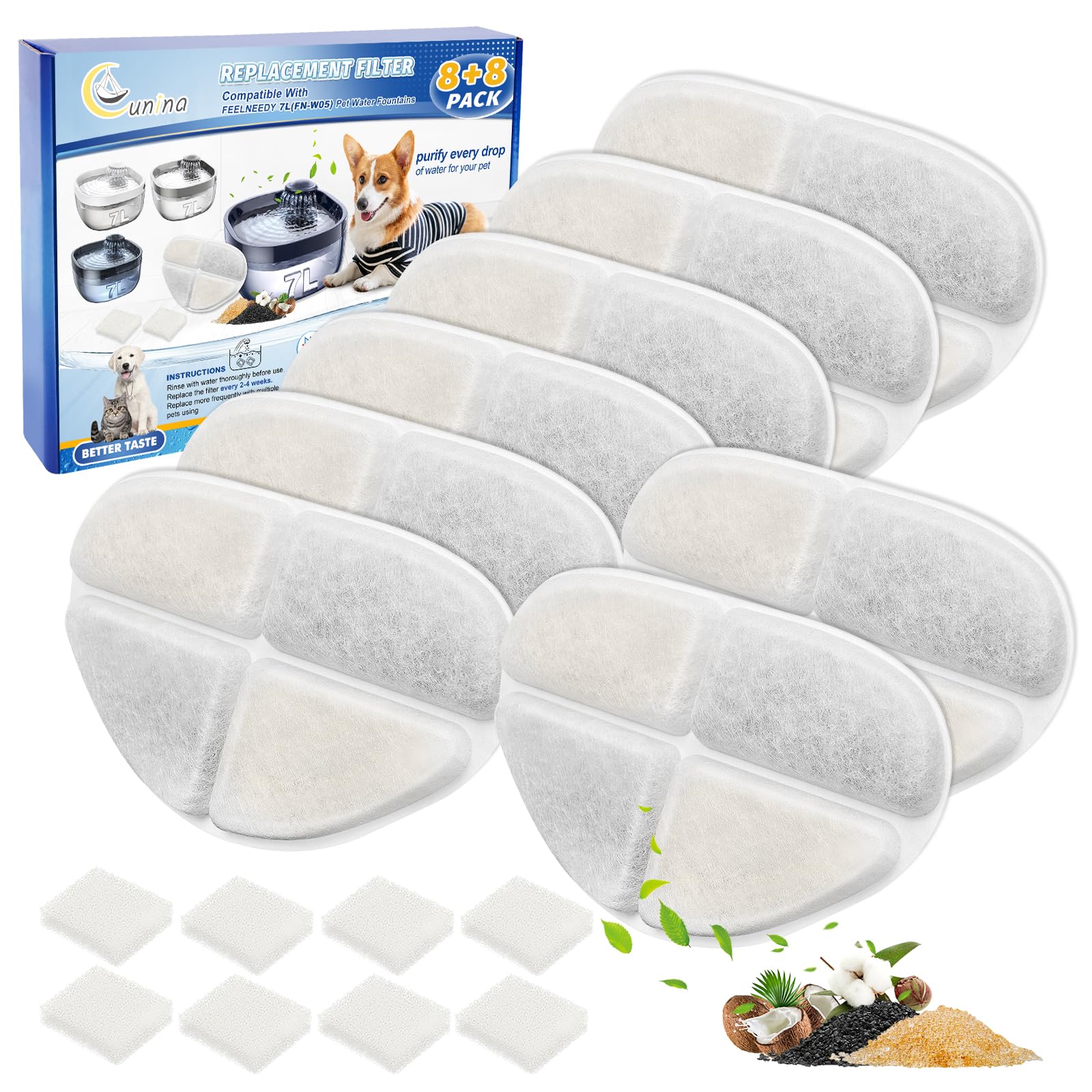 Cunina 8 Pack Of Filter & 8 Pump Sponges Dog Water Bowl Filter Compatible With Feelneedy 7L/1.8Gal Dog Water Fountain(Fn-W05), 8