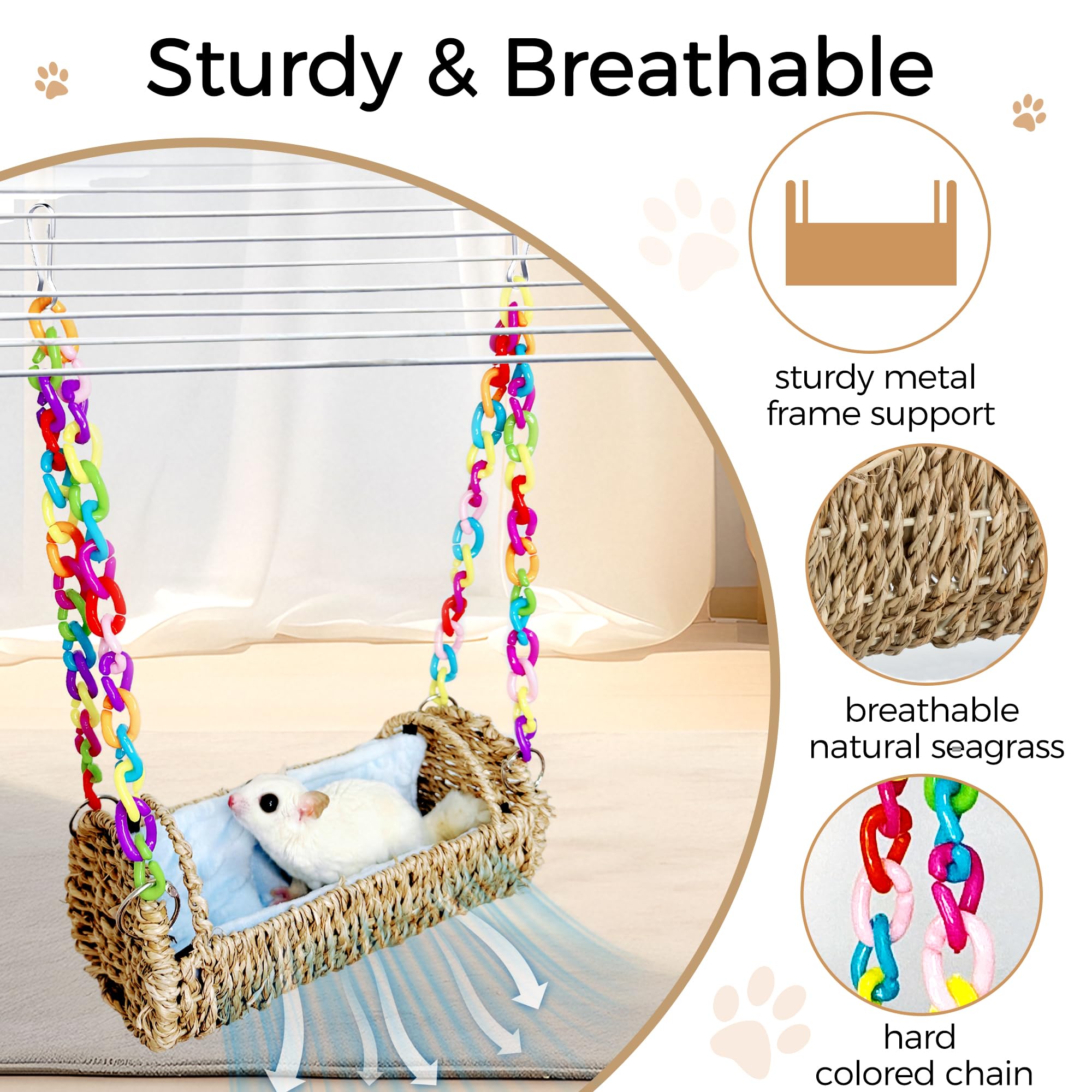 Jevnd Sugar Glider Hammock Bed With Removable Pad, Sturdy Metal Frame & Breathable Seagrass Sugar Glider Sleeping Pouch, 4-Sided