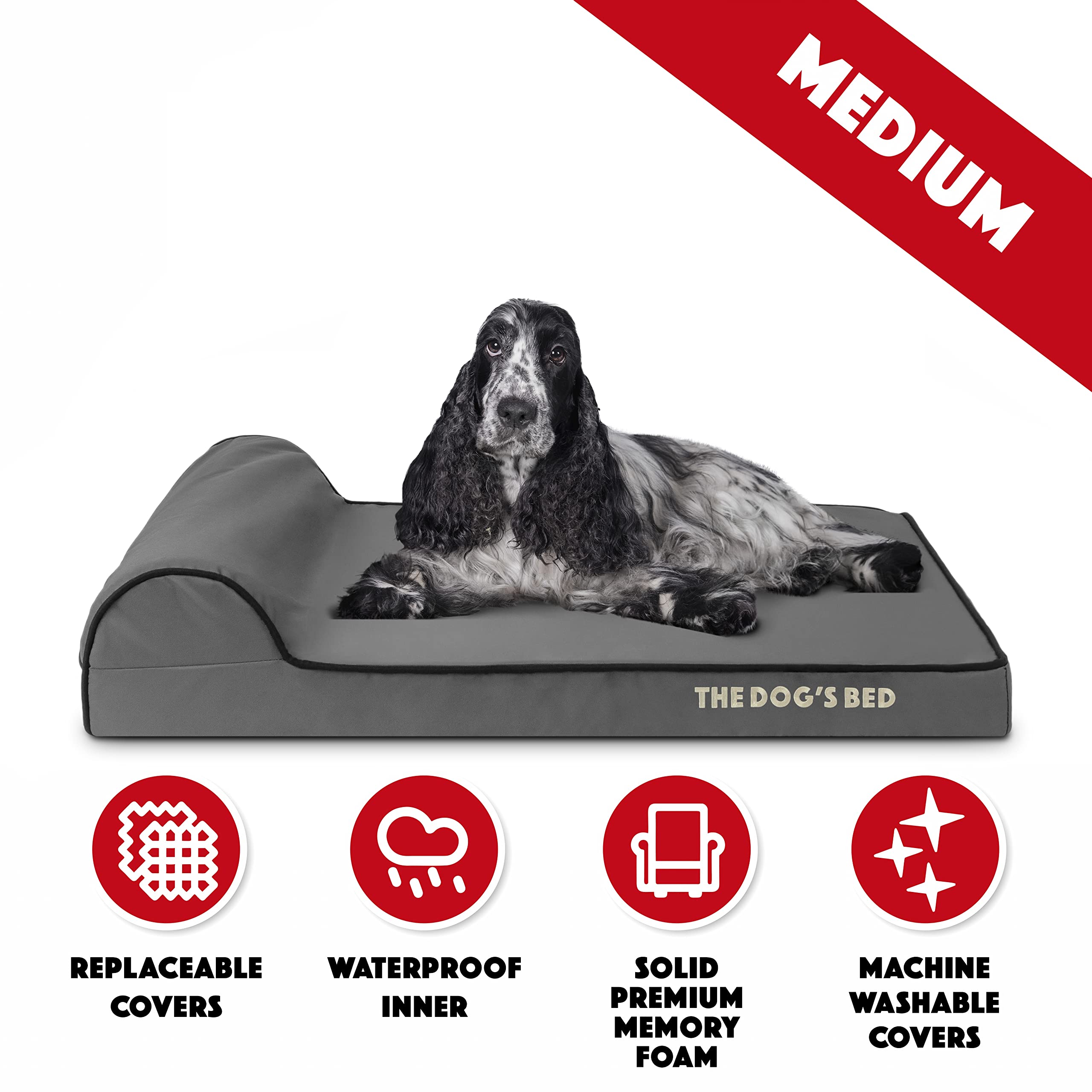 The Dog's Balls Orthopedic Dog Bed, Medium 34x22, Grey/Black, Memory Foam, Pain Relief for Arthritis & Post Surgery, Waterproof Cover