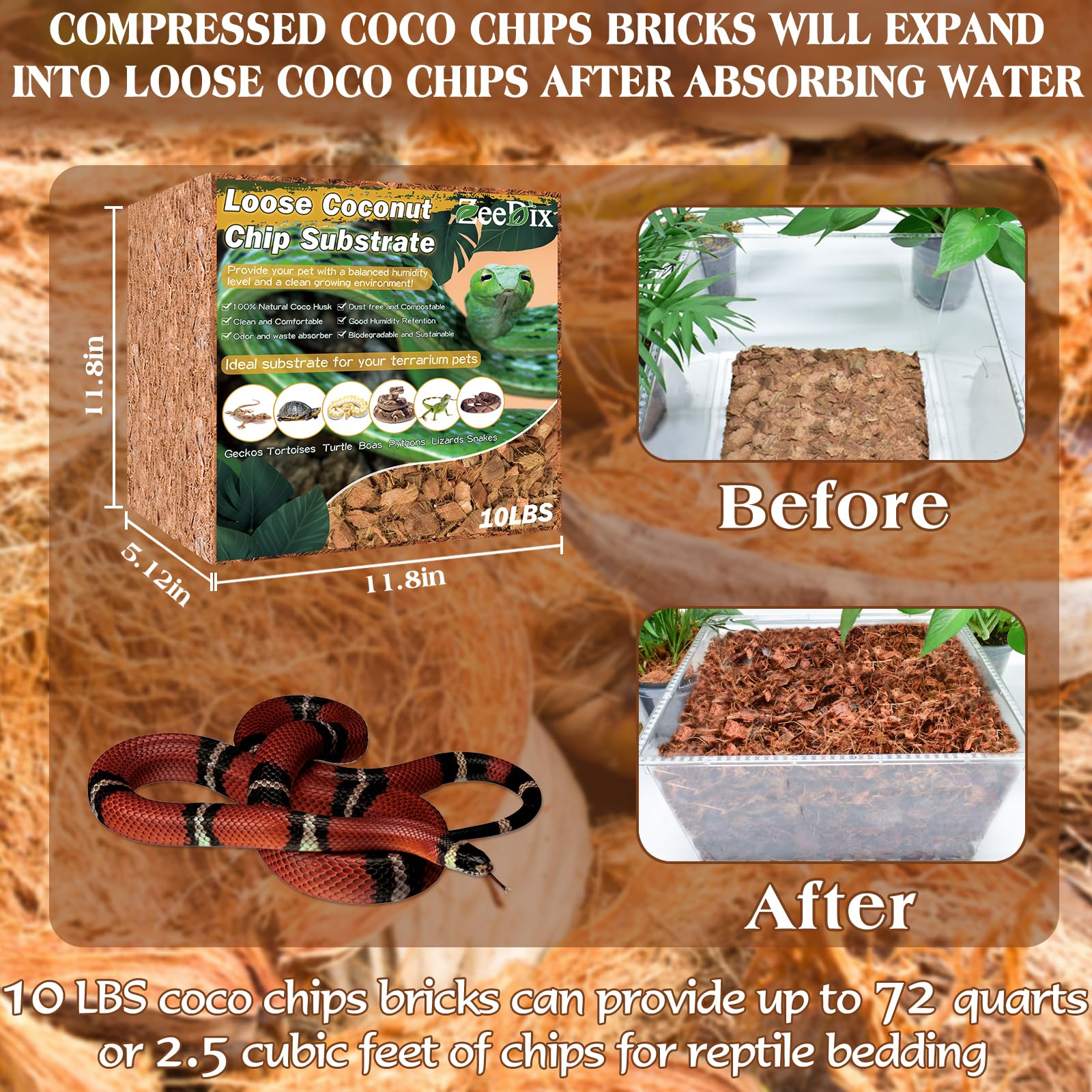ZeeDix 10LB Coco Fiber Chips Substrate for Reptiles, 72 Quart Coconut Fiber Husk Substrate Mulch Coco Chips Bricks Reptiles Bedd