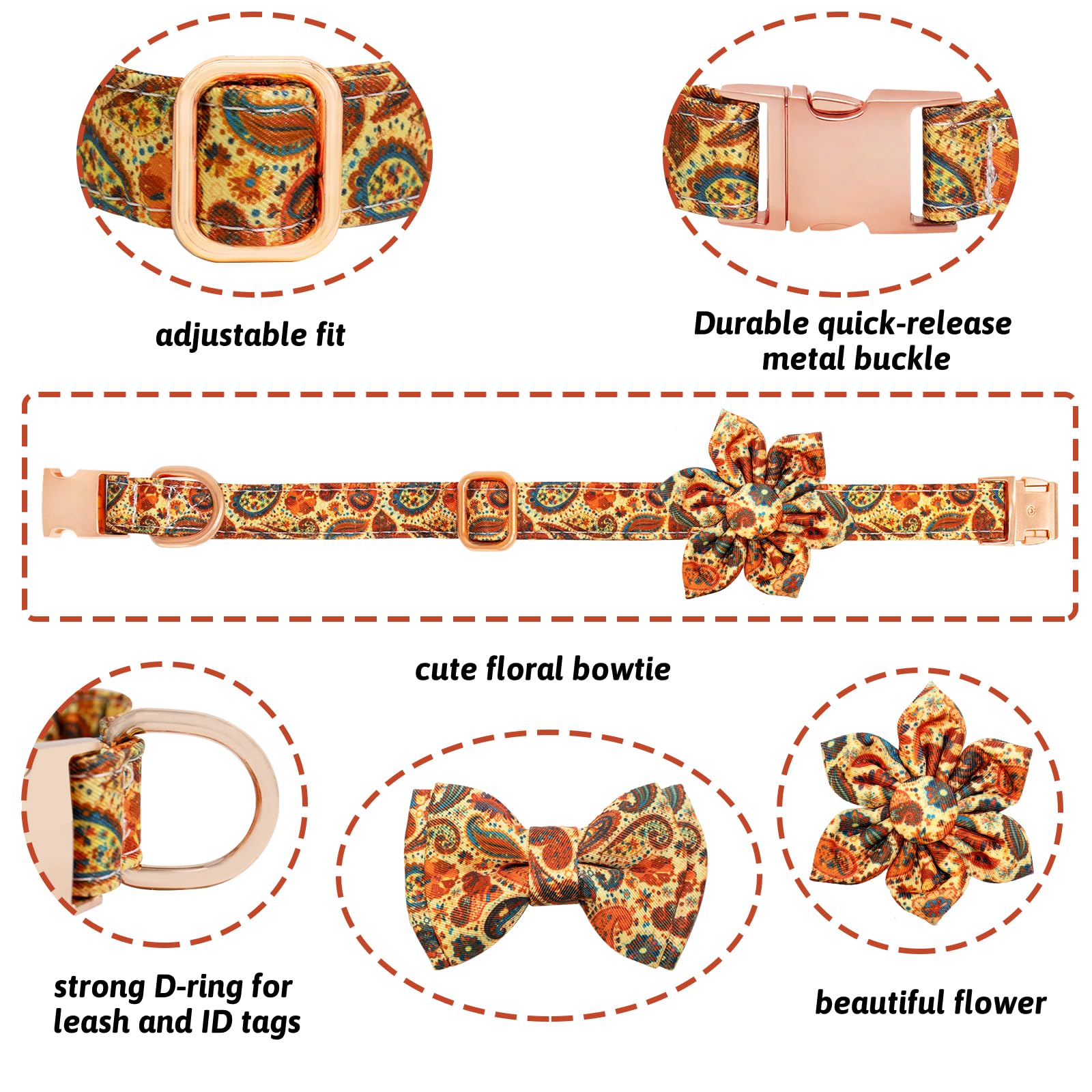 HSIGIO Dog Collar and Leash Set Girls Adjustable Puppy Collars with Floral Bow Tie for Small Medium Large Female Dogs, Orange Pa