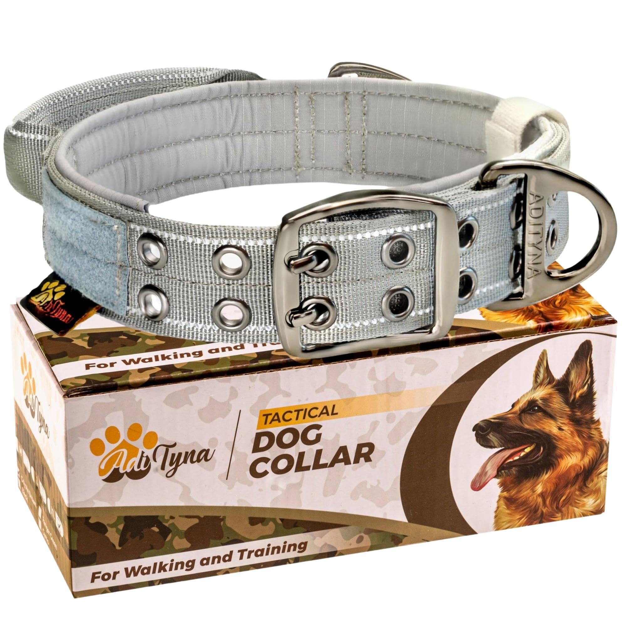 Adityna Heavy Duty Dog Collar For Extra-Large Dogs - Reflective Gray Collar With Handle For Training, And Walking - Wide, Thick,
