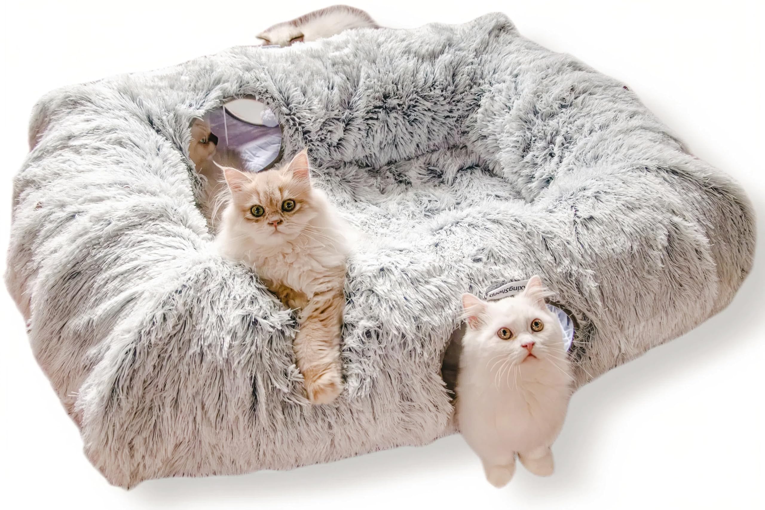 XxingSheep 4 Cave Shuttled XL Cat Tunnel Bed for Indoor Cats Peekaboo Toy Donut with Warm Mat
