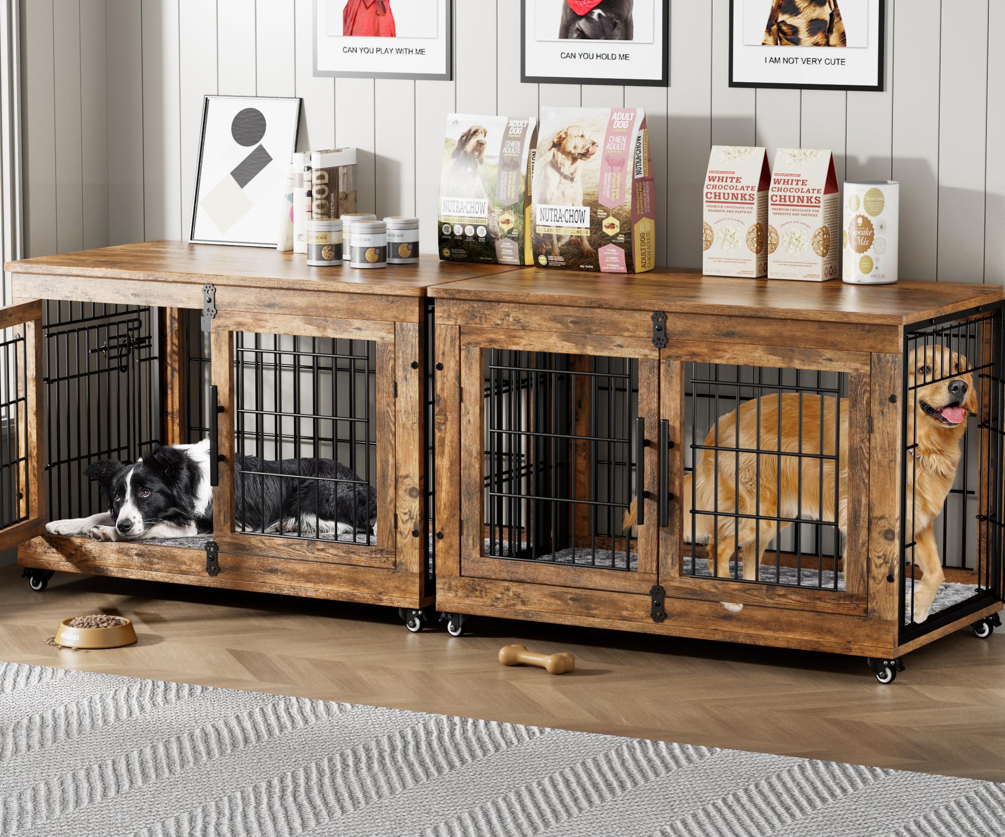Lulive Dog Crate Furniture Set of 2, Dog Kennel Indoor Double Doors Wooden Dog Cage, 38 Heavy Duty Dog Crate with Cushion & Wh