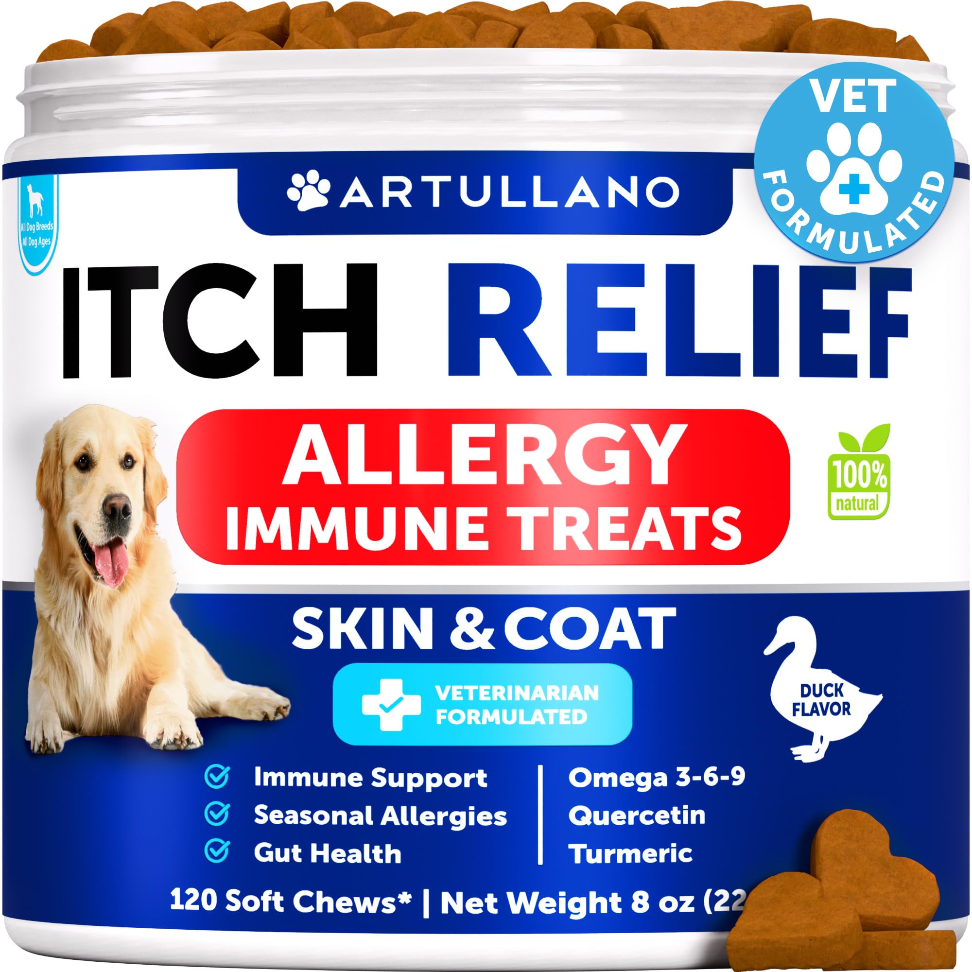 Artullano Dog Allergy Relief Chews - Omega 3 Fish Oil for Itchy Skin, Immune Support - 180 Chews - Made in USA