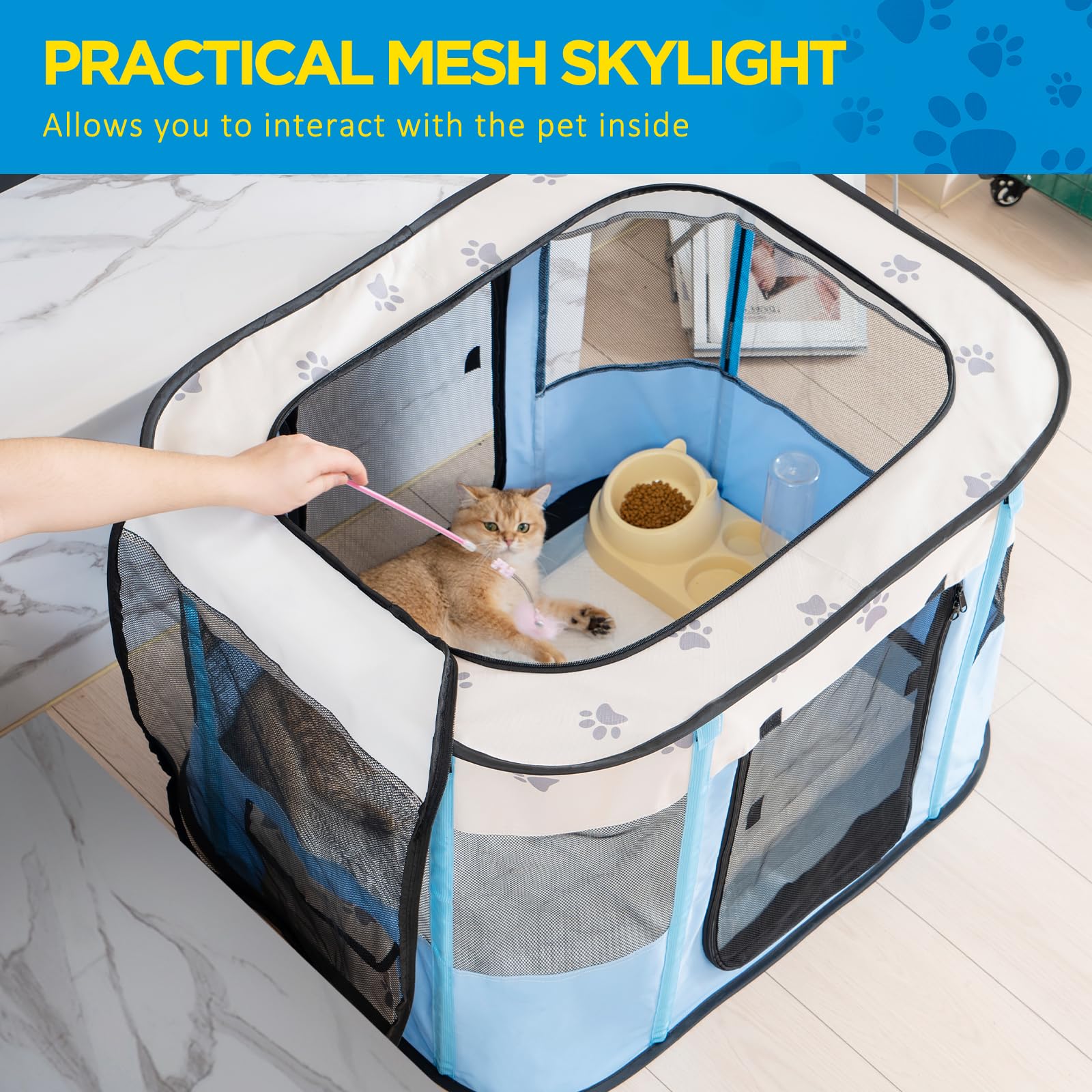 Avont Portable Dog Cat Playpen, Foldable Pop Up Pet Play Pen Travel Crate With Floor And Mesh Door Top For Indoor Outdoor Collap