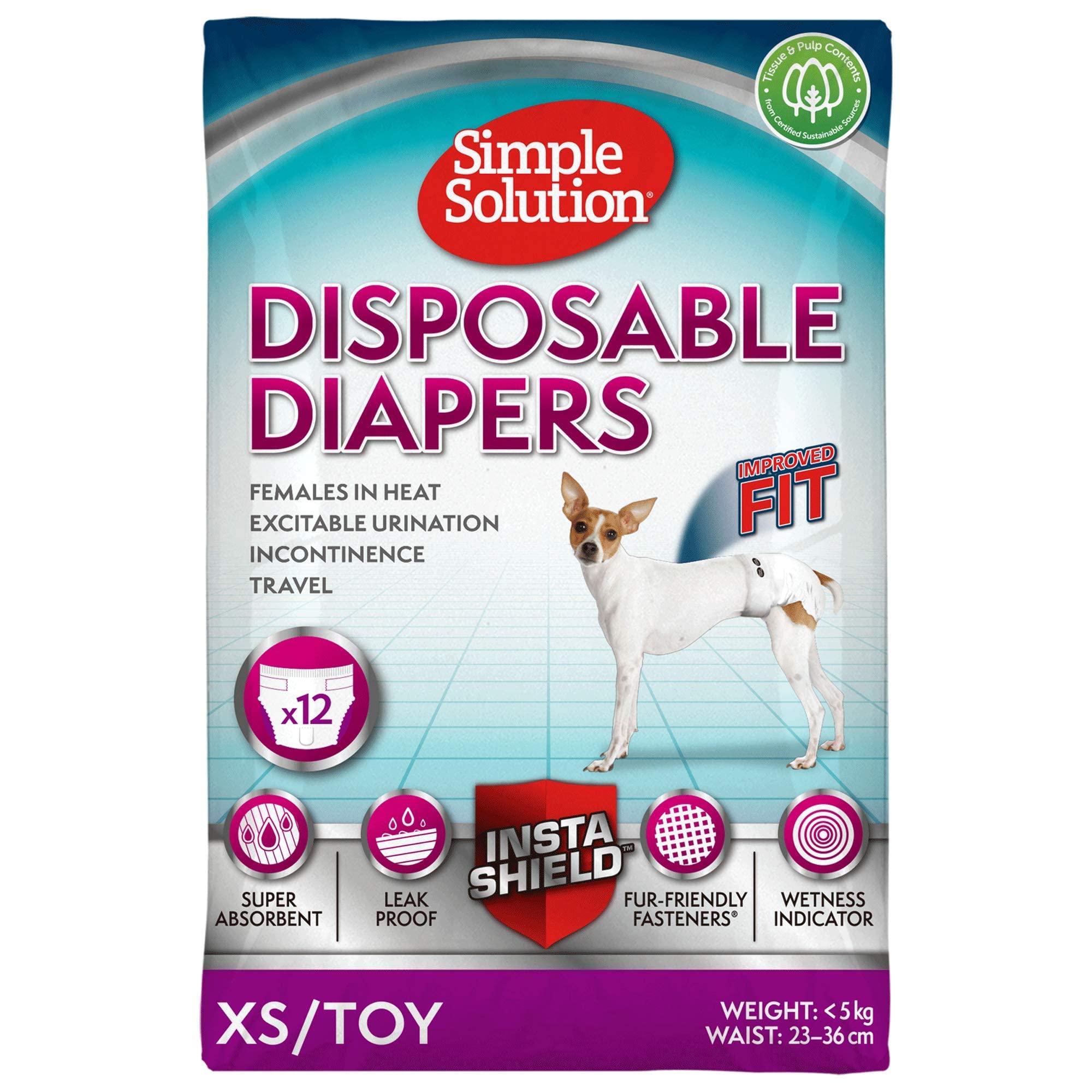 Simple Solution Disposable Dog Diapers for Female Dogs | Super Absorbent Leak-Proof Fit | XS | 12 Count