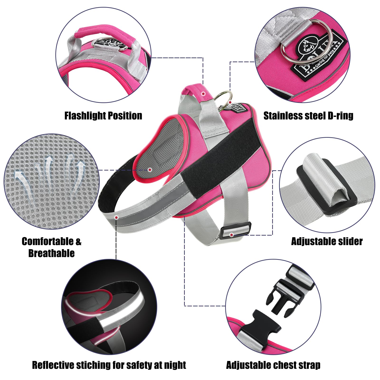 Bolux Dog Harness, No-Pull Reflective Dog Vest, Breathable Adjustable Pet Harness With Handle For Outdoor Walking - No More Pulling, Tugging Or Choking (Fuchsia, Large (Pack Of 1))