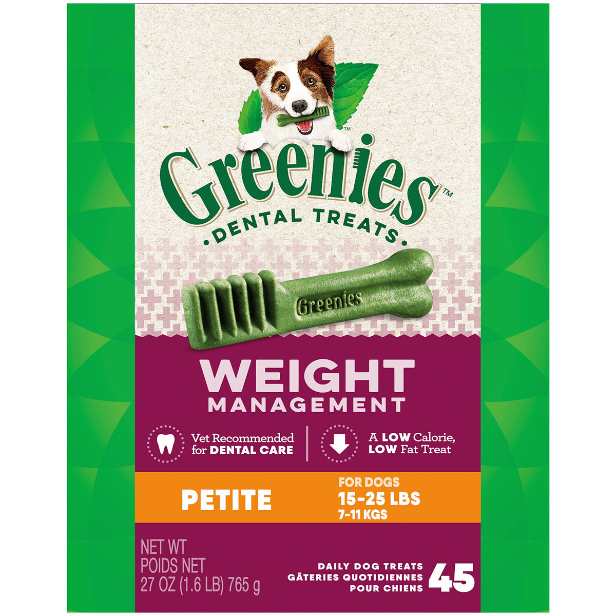 Greenies Weight Management Petite Natural Dog Dental Care Chews Weight Control Dog Treats, 27 Oz. Pack (45 Treats)