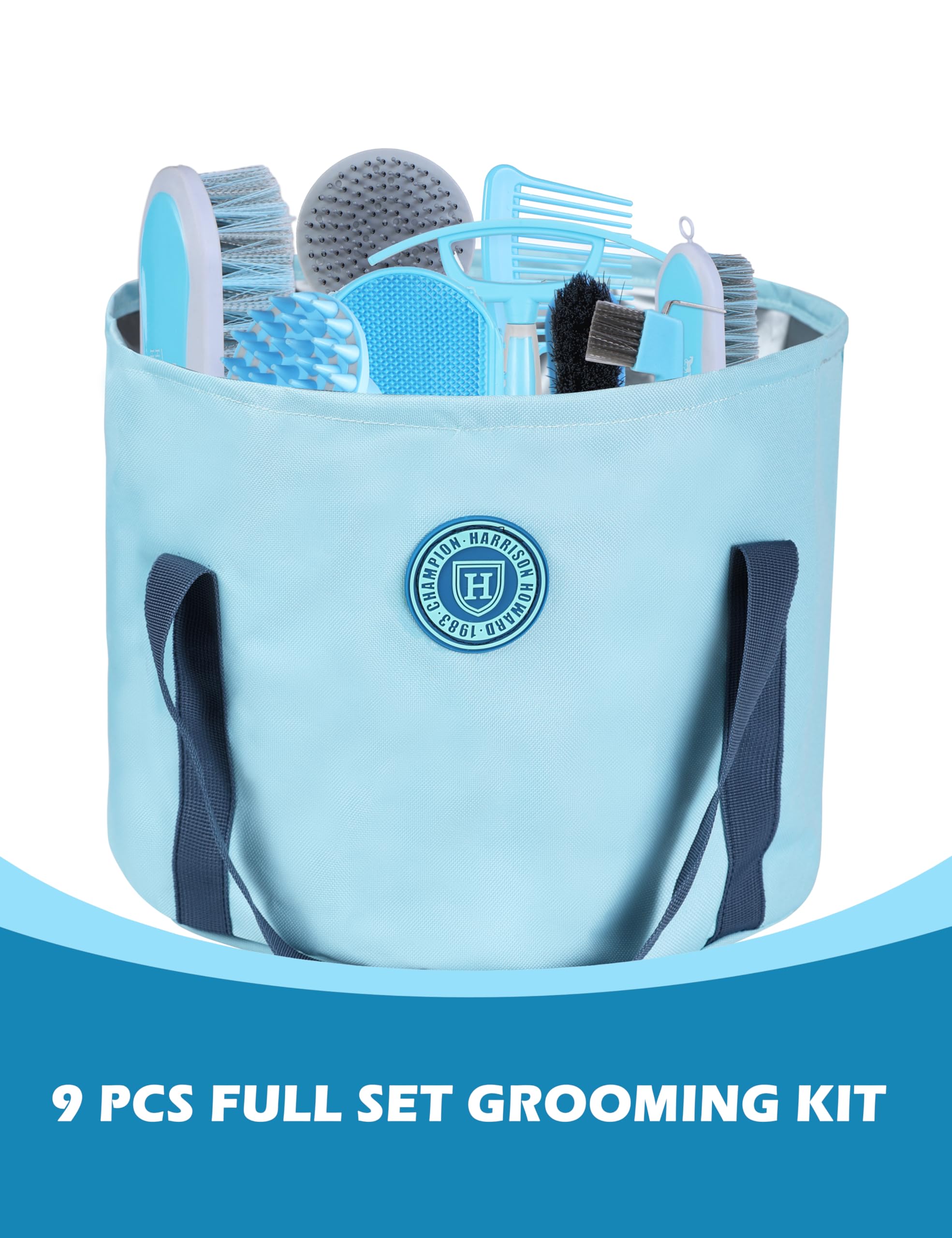 Harrison Howard Horse Grooming Kit 9-Piece Equine Care Series Horse Brush Sets With Organizer Tote Bag Soft Blue