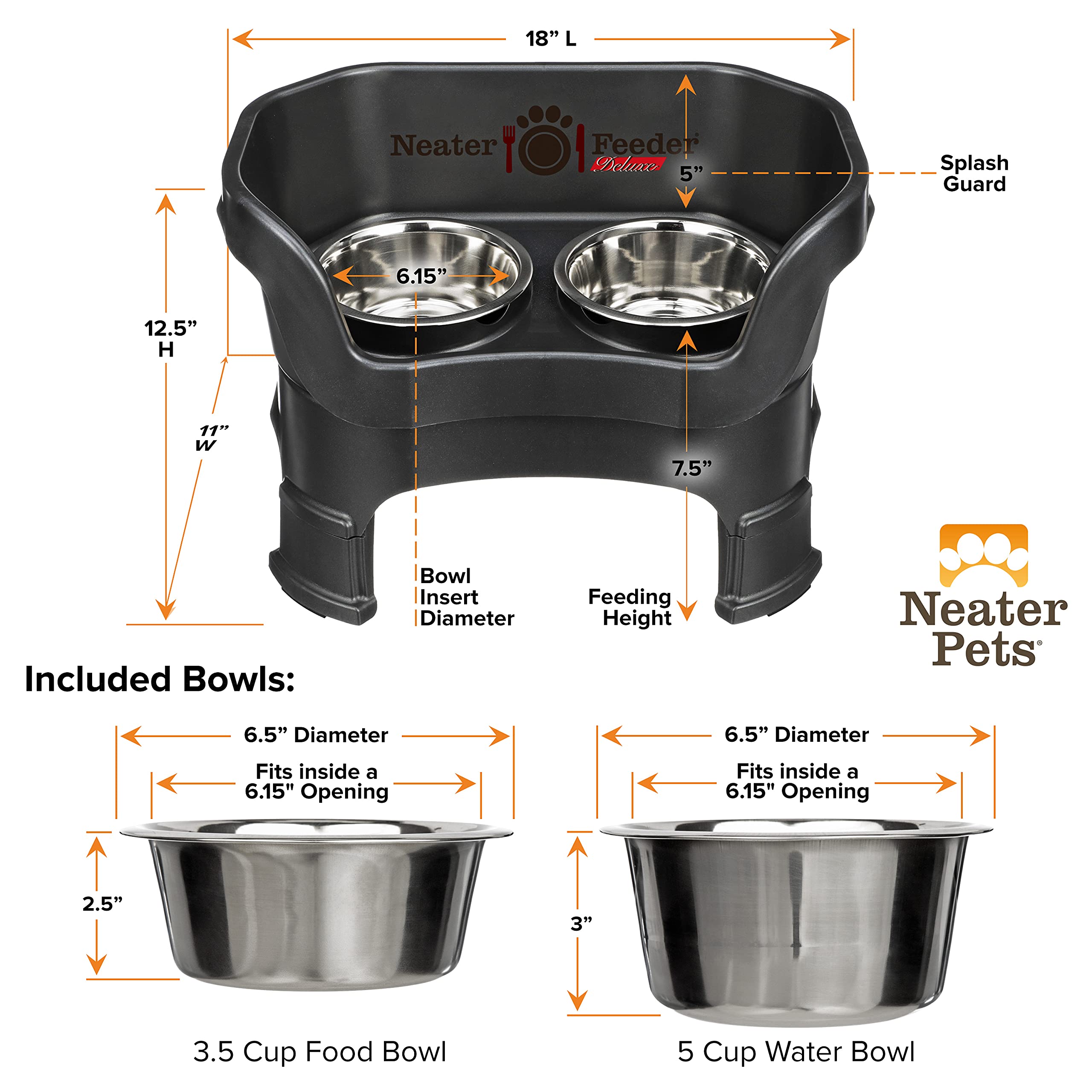 Neater Feeder - Deluxe Model Adjustable Height - Mess-Proof Dog Bowls (Medium, Midnight Black) - Made in USA - Elevated, No Spil