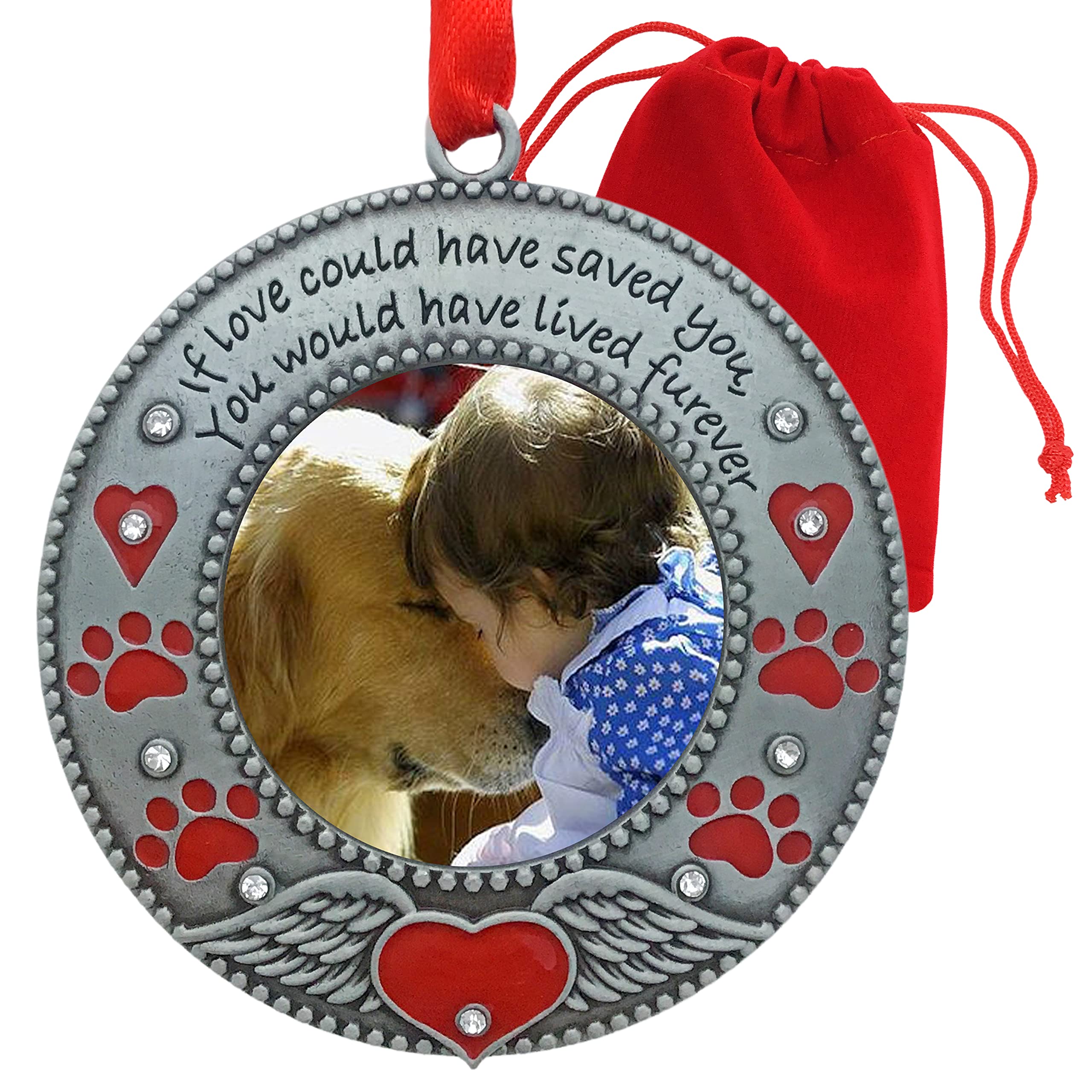 Pet Memorial Photo Ornament - Dog Or Cat - Enameled & Jeweled With Red Hearts, Angel Wings & Paw Prints - Gift/Storage Bag Included - 3' D And Holds A 2' D Photo
