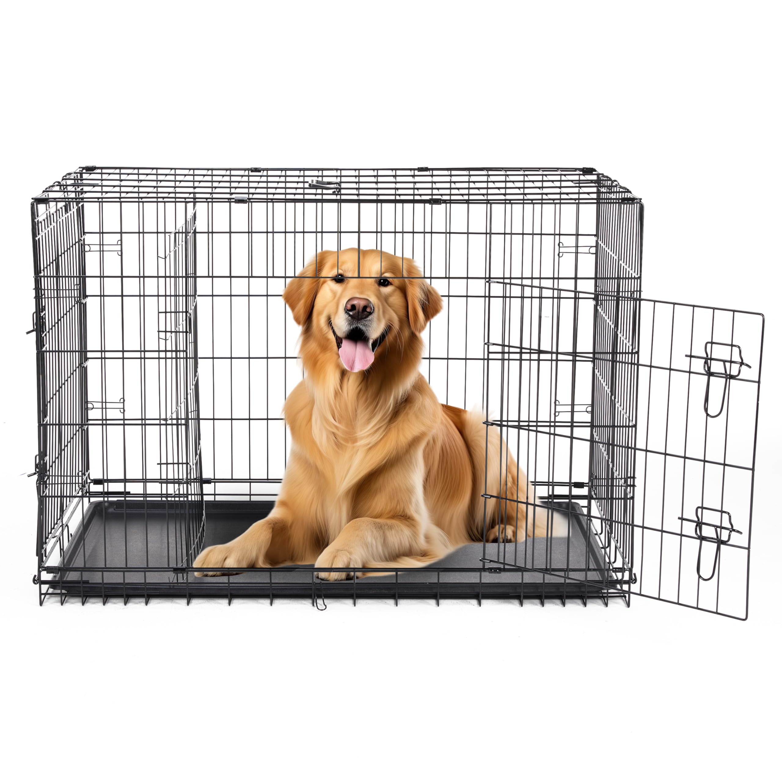 Simple Deluxe 42-Inch Large Dog Crate With Divider, Double Door Folding Metal Wire Cage With Leak-Proof Plastic Tray, Portable P