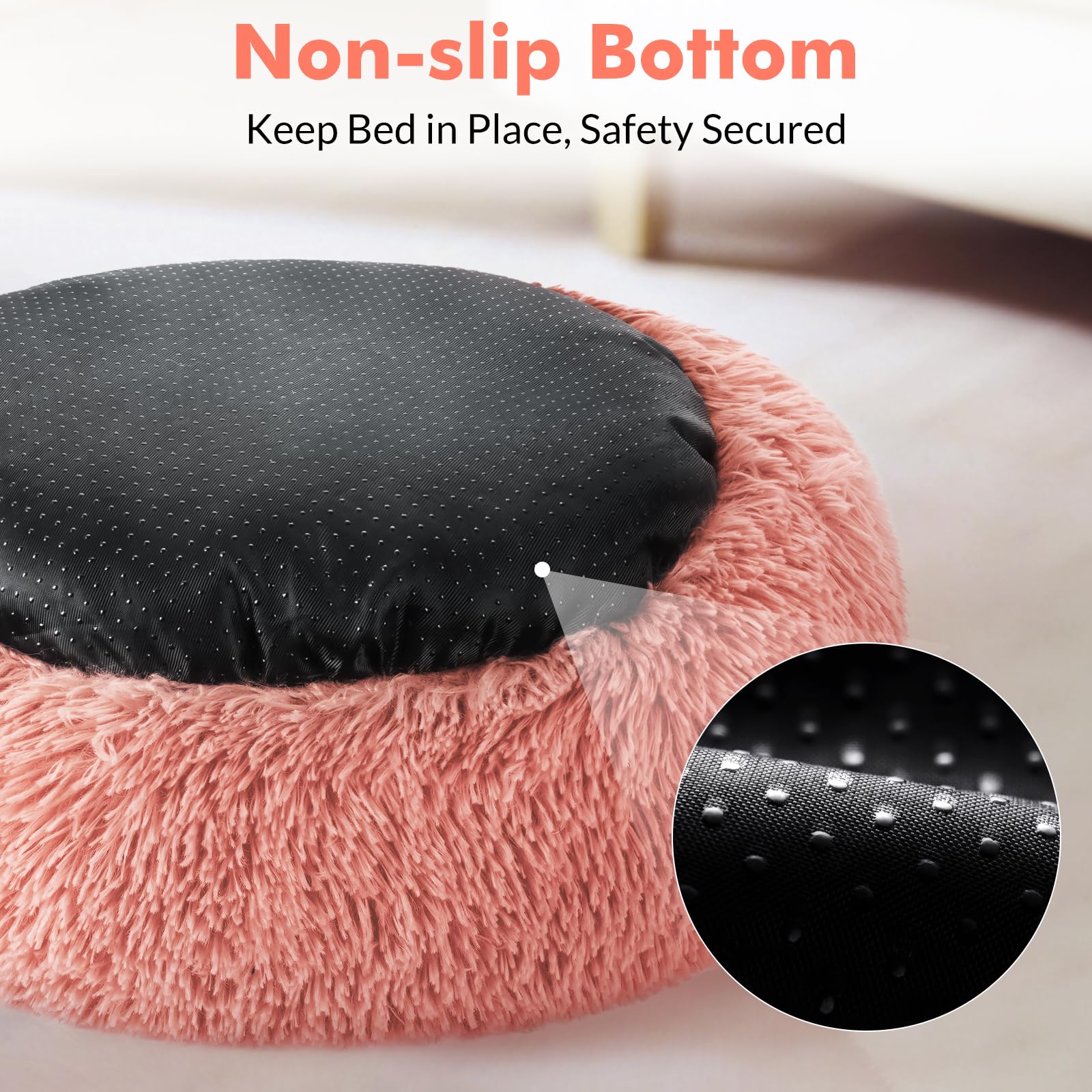 Rabbitgoo Cat Beds For Indoor Cats, 24 Inches Cat Bed Machine Washable, Fluffy Round Pet Bed Non-Slip, Calming Soft Plush Donut Cuddler Cushion Self Warming For Small Dogs Kittens, Pink, Large