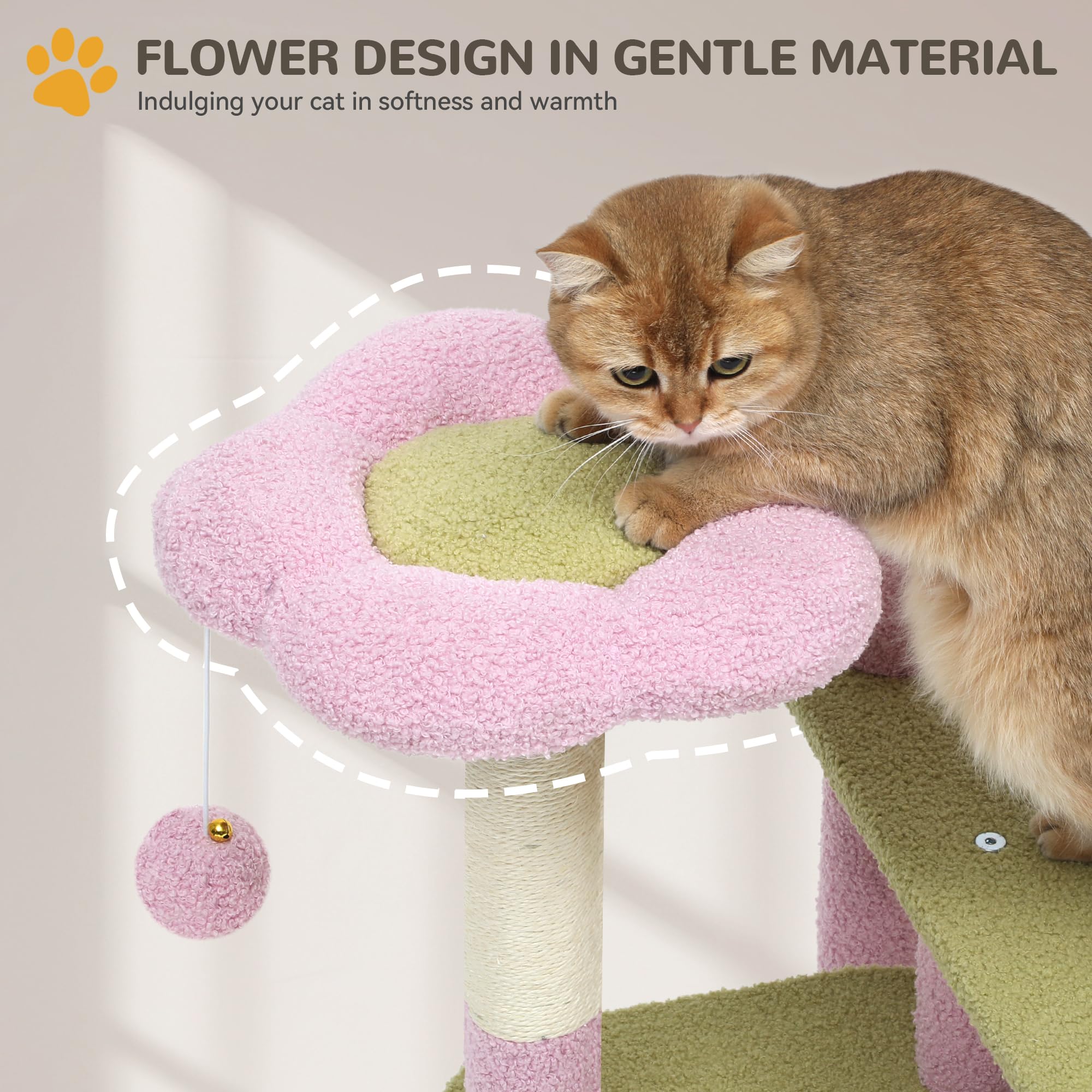 Yitahome 61'' Flower Cat Tree, Cat Tree Cute With Large Metal Frame Hammock, Silicone Tickling Column, Cat Scratched Board, 3 Si