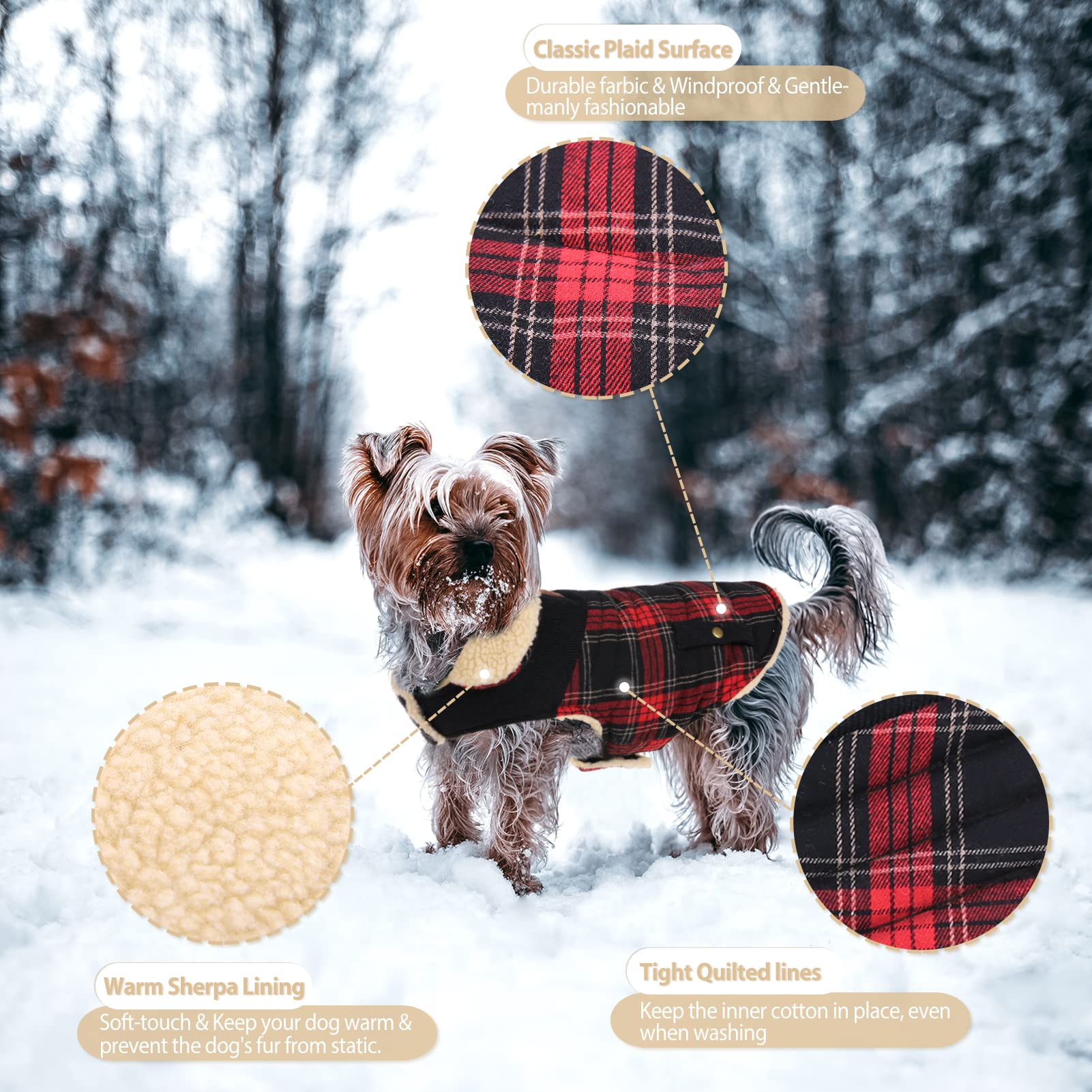 Preferhouse Winter Coat For Small And Medium Dogs, Puppy Plaid Jacket, Cotton Coat For Cold Weather, Windproof Warm Dog Garments, Pet Thickened Outfits Indoor Outdoor, Red M