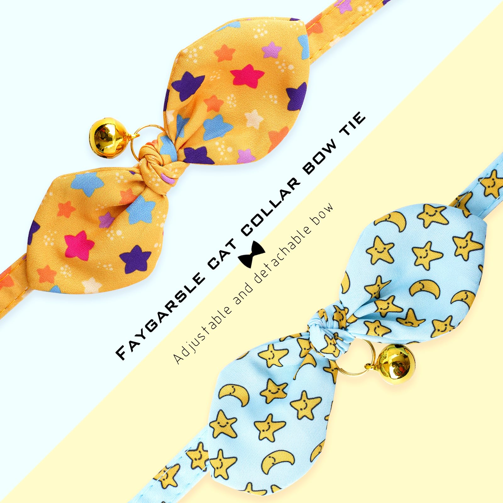 Faygarsle 2 Pack Breakaway Cute Cat Collars With Bell,Blue With Yellow Stars, Orange With Multicolor Stars