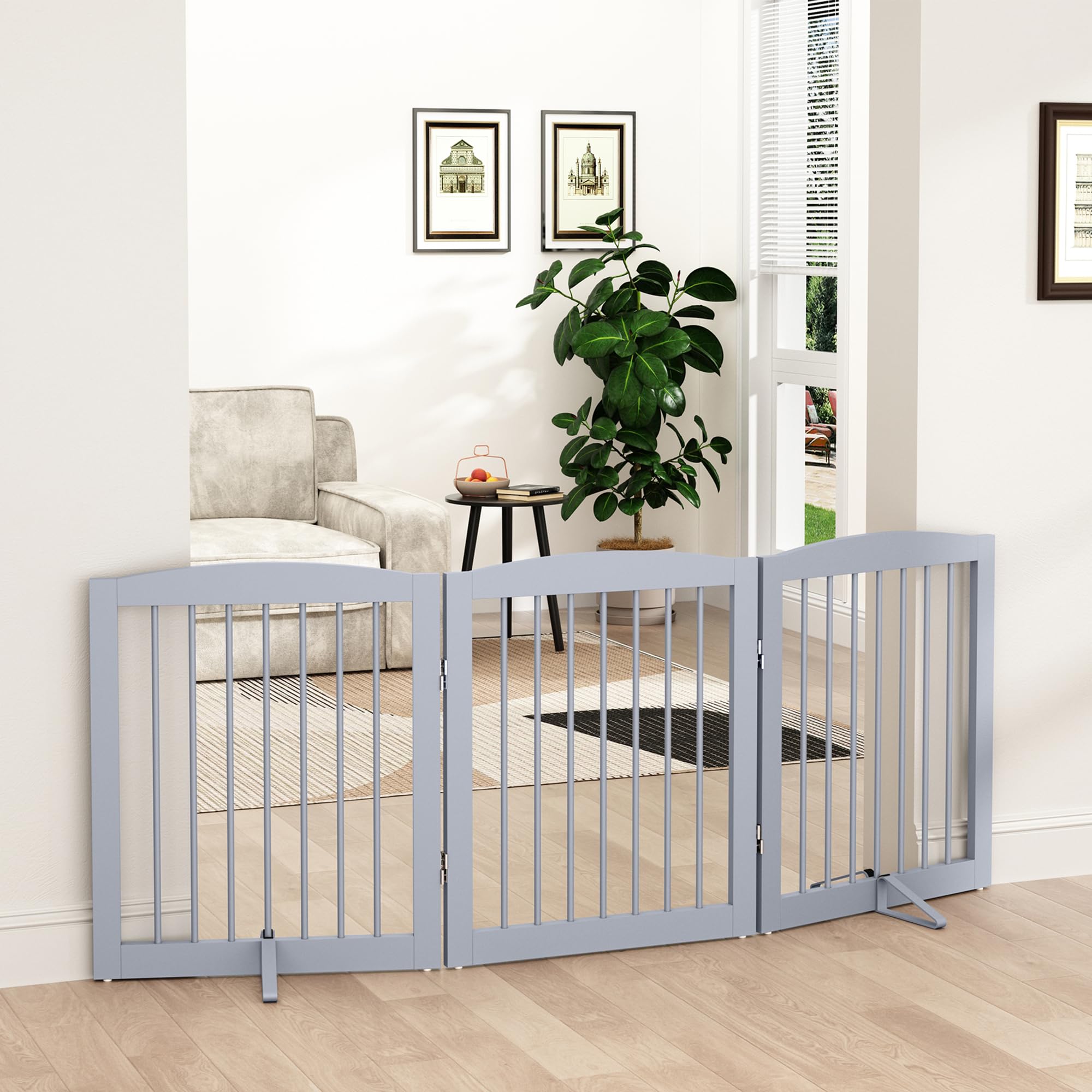 Pupetpo Freestanding Pet Gate For Dogs, Foldable Wooden Dog Gate For House, Indoor Dog Gate For Doorways, Stairs, Step Over Pet Puppy Safety Fence, Support Feet Included, 24' Height 3 Panels, Grey