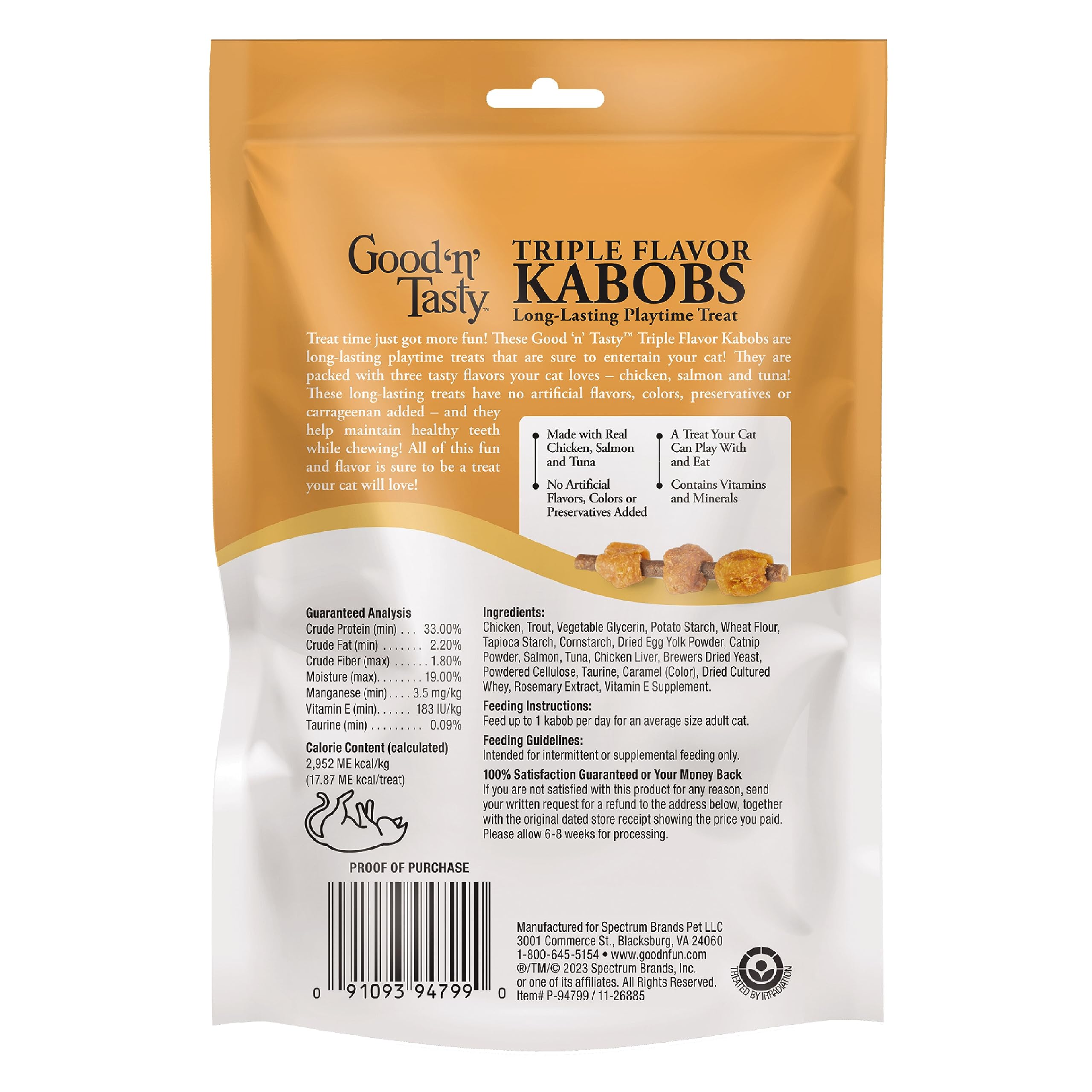 Good n Tasty Triple Flavor Kabobs Cat Treat, 1.4 Ounce Bag, Long-Lasting Playtime Treat for Cats Made with Real Chicken, Salmon