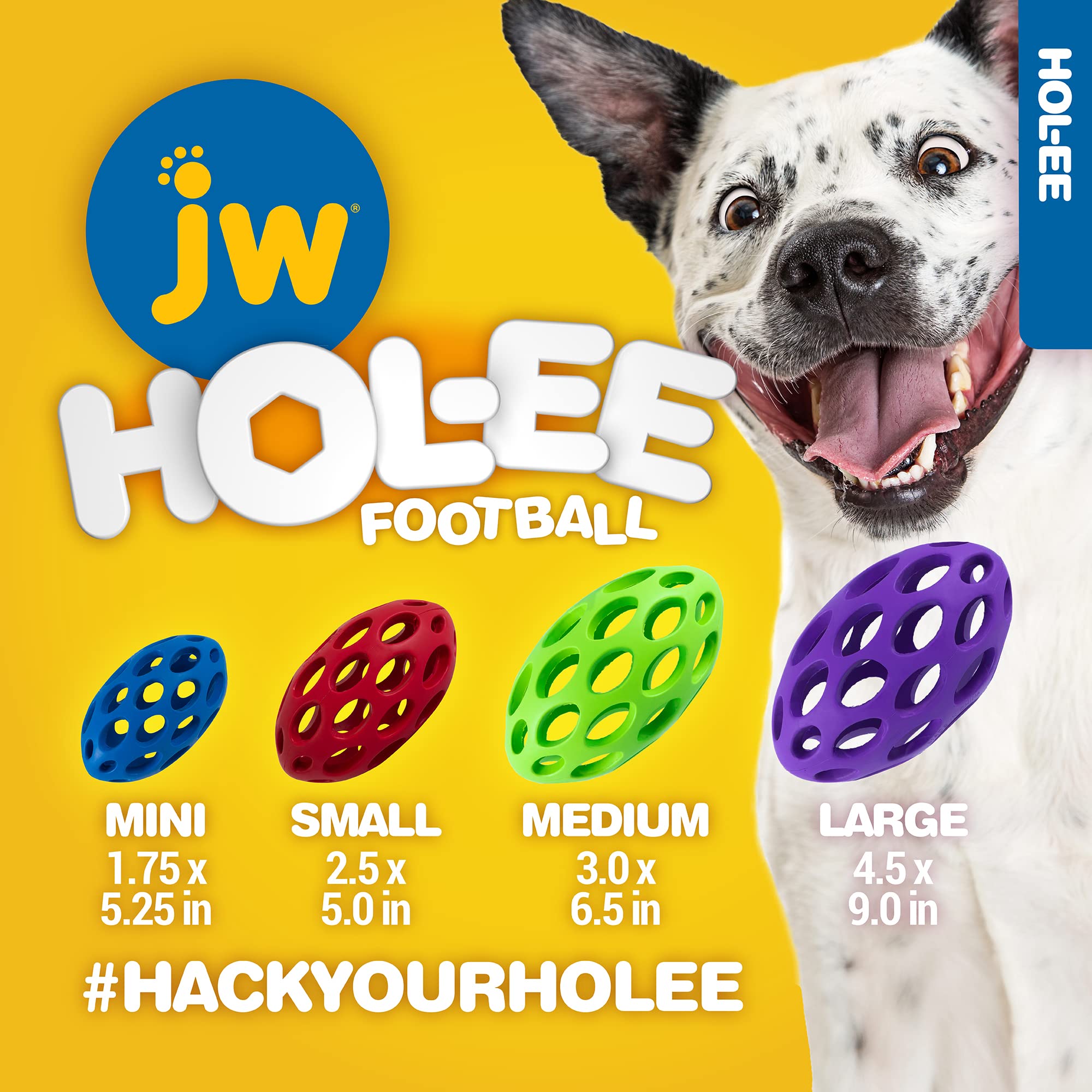 JW Pet Hol-ee Football Dog Toy Puzzle Ball, Natural Rubber, Small (5 Inch Length), Colors May Vary.