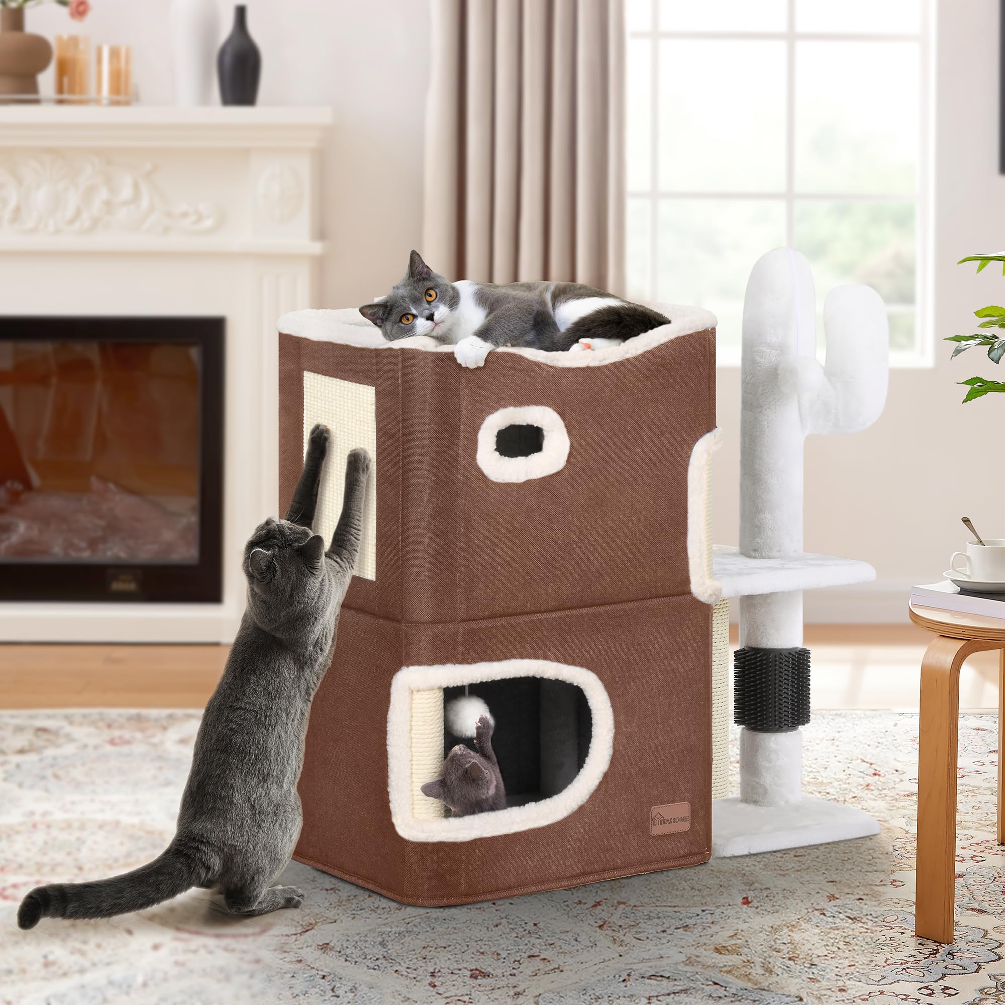 YIATHOME 2-Tier Cat House, Cat Beds for Indoor Cats, Small Cat Condo with Highway Cave, Scratch & Itching Post, Clmibing Stand,