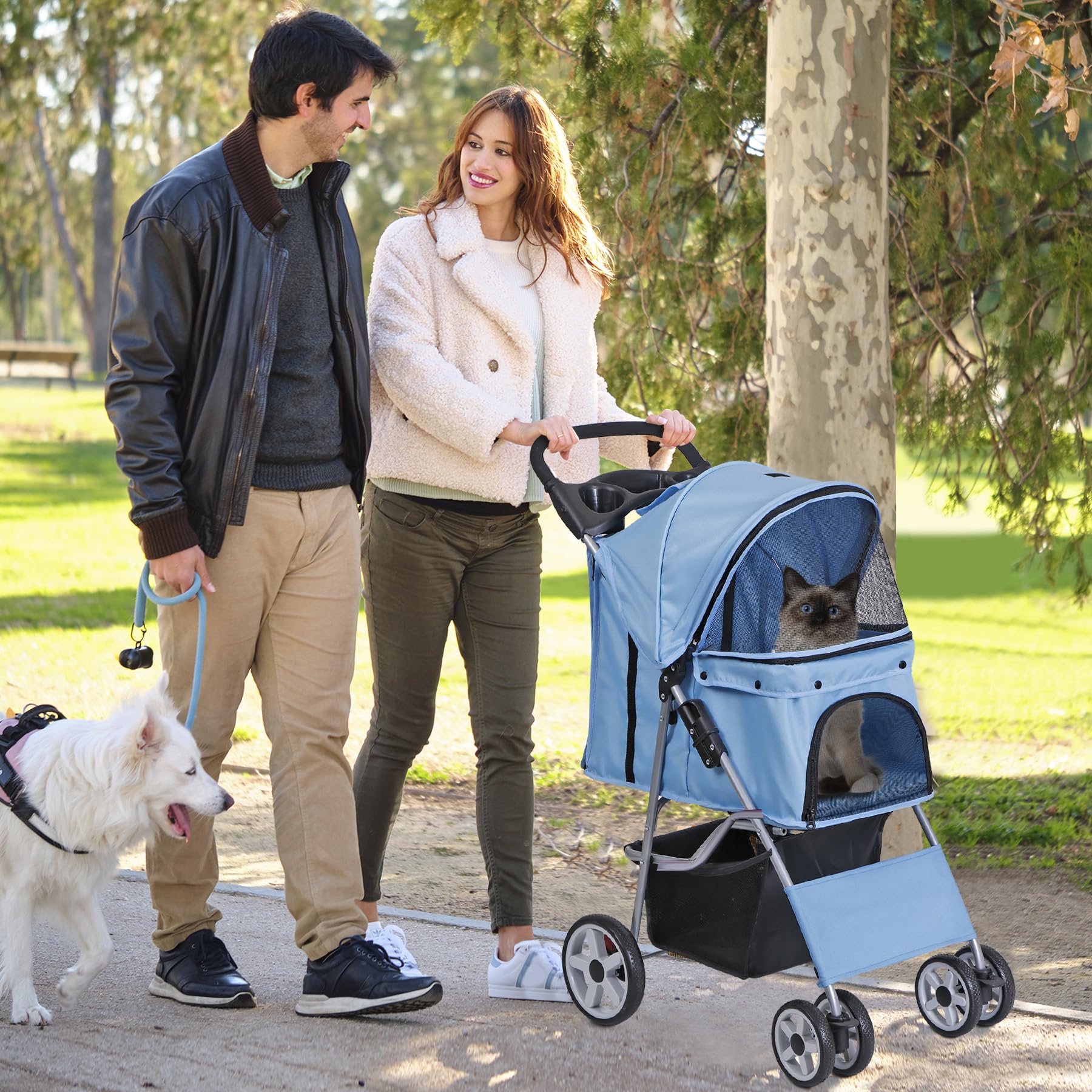 Lemy Folding Pet Stroller, 4 Wheels Dog Cat Stroller With Storage Basket&Cup Holder, Dog Cat Cage Jogger Stroller For Small Medi