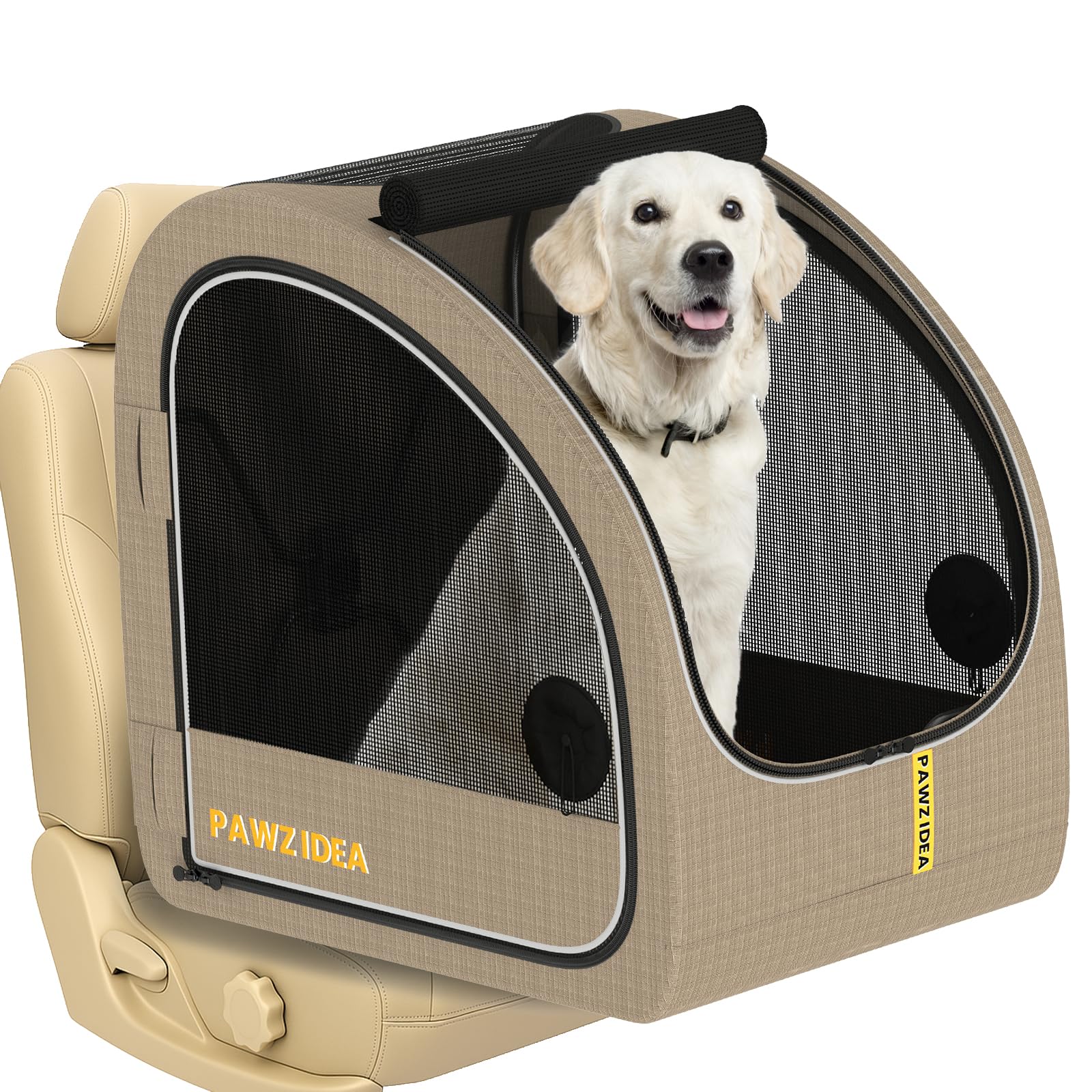 PAWZIDEA Portable Dog Crate for Car, 45% Extra Tall Travel Kennel for Medium & Large Dogs up to 80lbs Sit Upright, Enclosed Soft