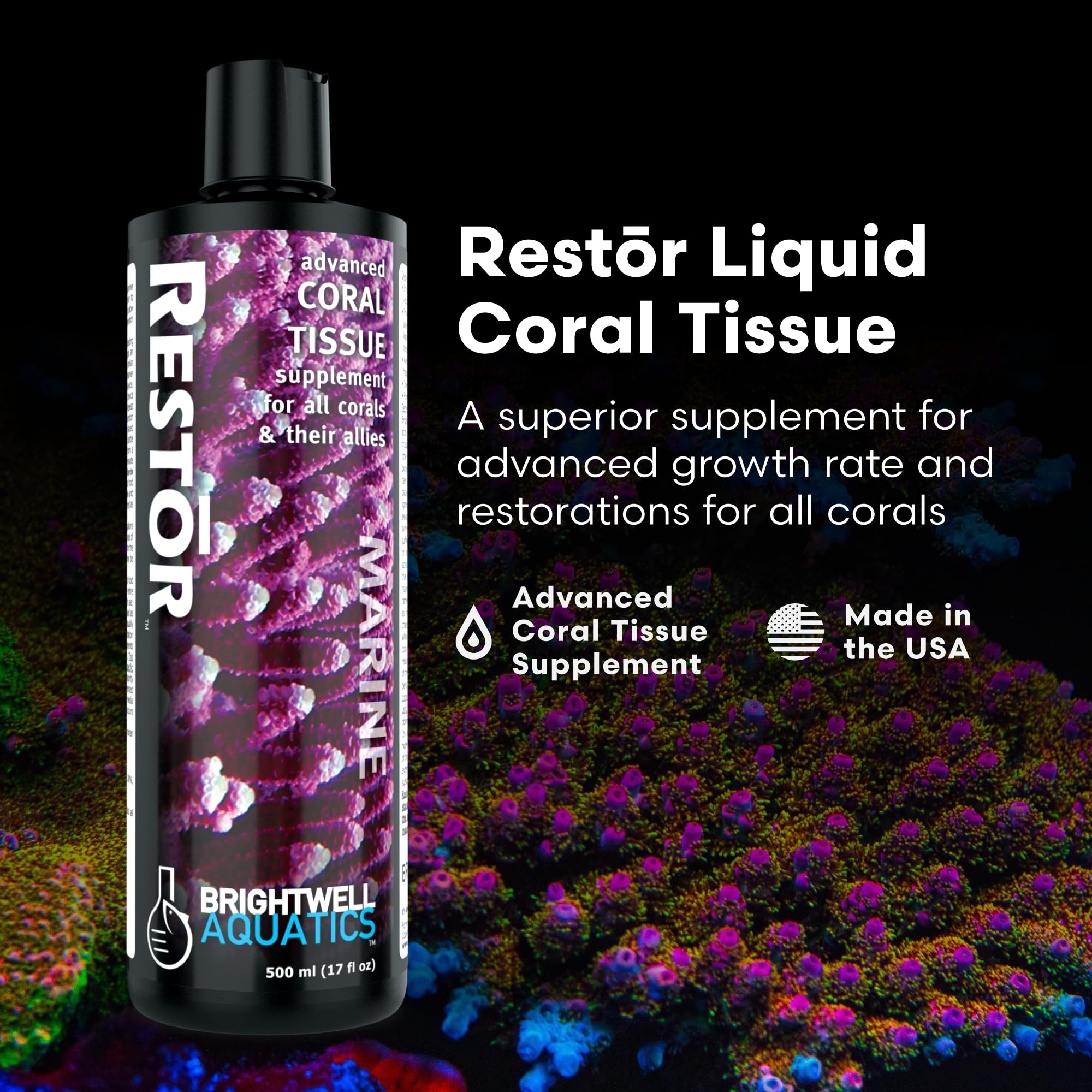 Brightwell Aquatics - Restor Liquid Coral Tissue Supplement - Fish Tank Reef Nutrition for Live Coral Growth Acceleration, Colou