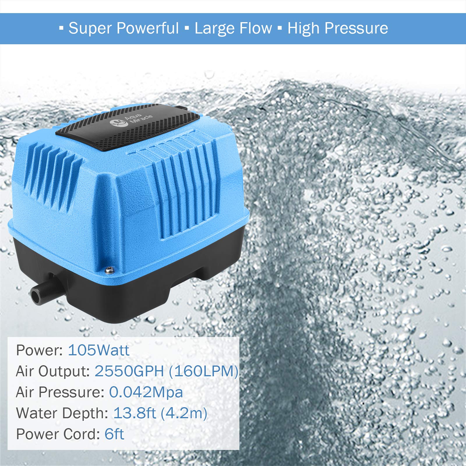 AquaMiracle AP160 Linear Air Pump, 2550GPH for Pond Aeration, Blue, Durable Aluminum Alloy and Rubber Construction