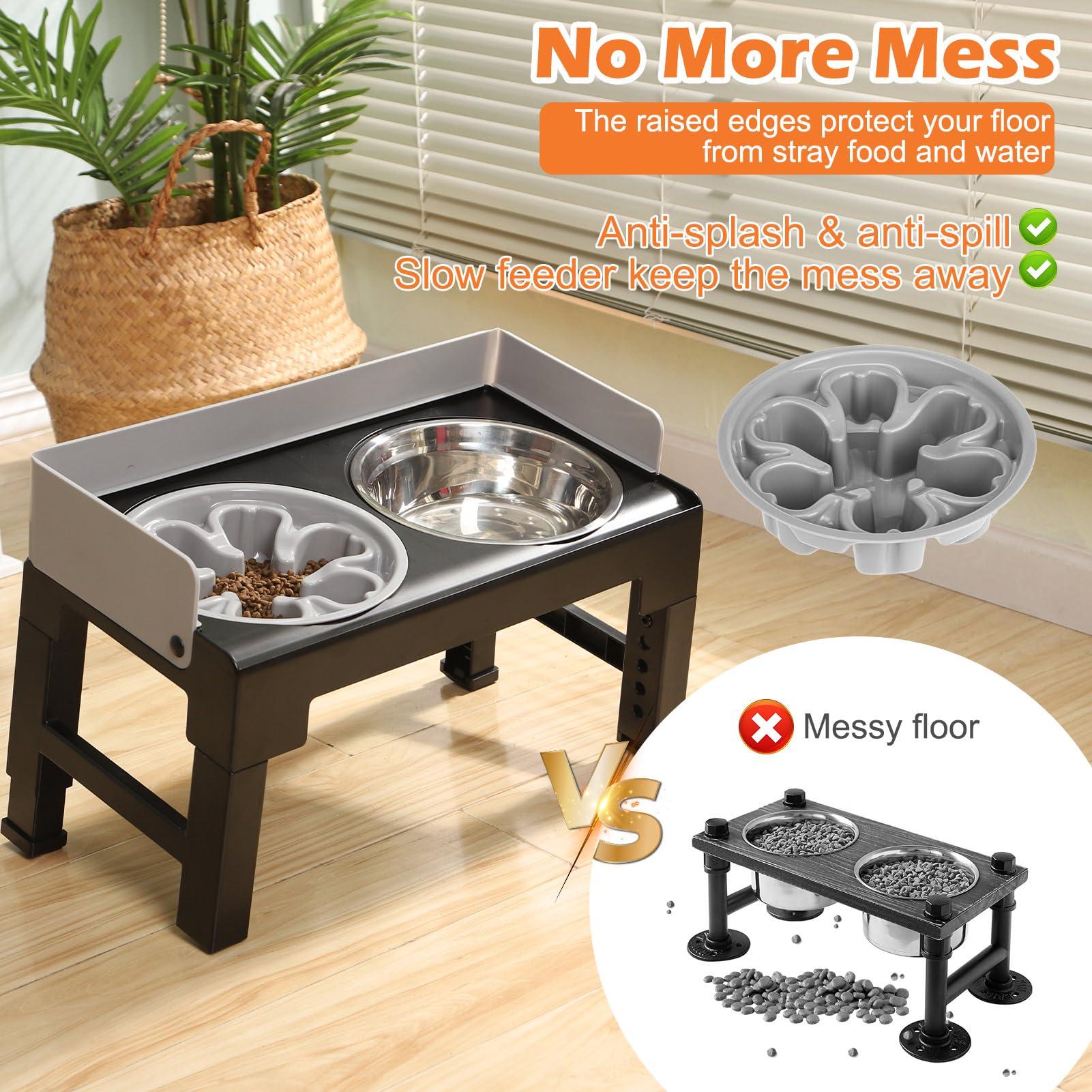 Pawchie Elevated Dog Bowls,Mess Proof Feeder For Large Dogs,6 Height Adjustable Raised Dog Bowl Stand With Slow Bowls & Water Bo