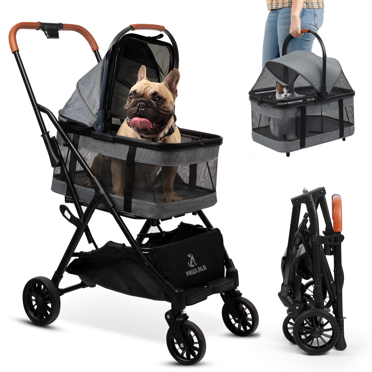 PAWLALA 3-in-1 Pet Stroller for Small Dogs, Metallic Gray – Petocart