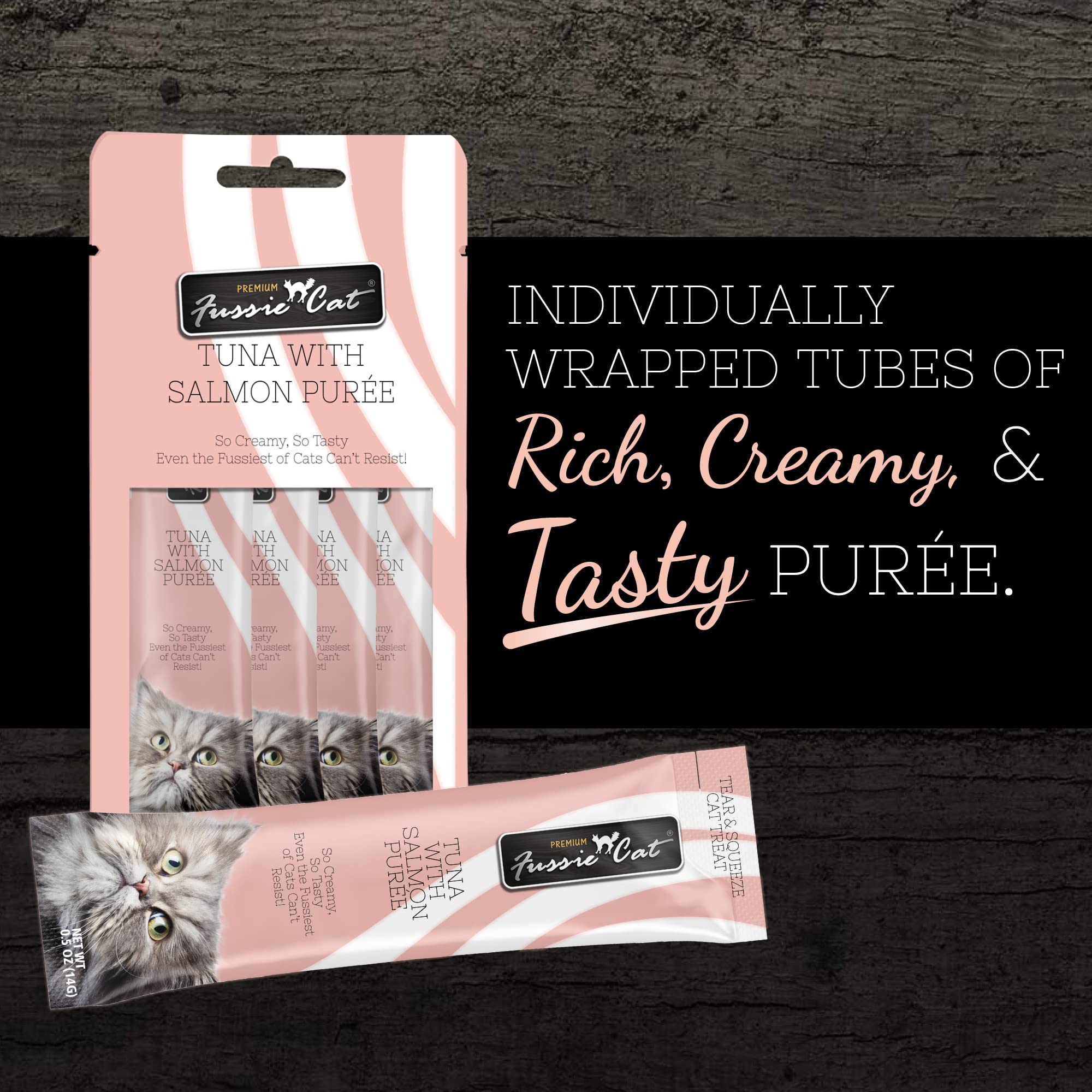 Fussie Cat Tuna with Salmon Puree, lickable cat Treats, 0.5oz Pouch Pack of 4