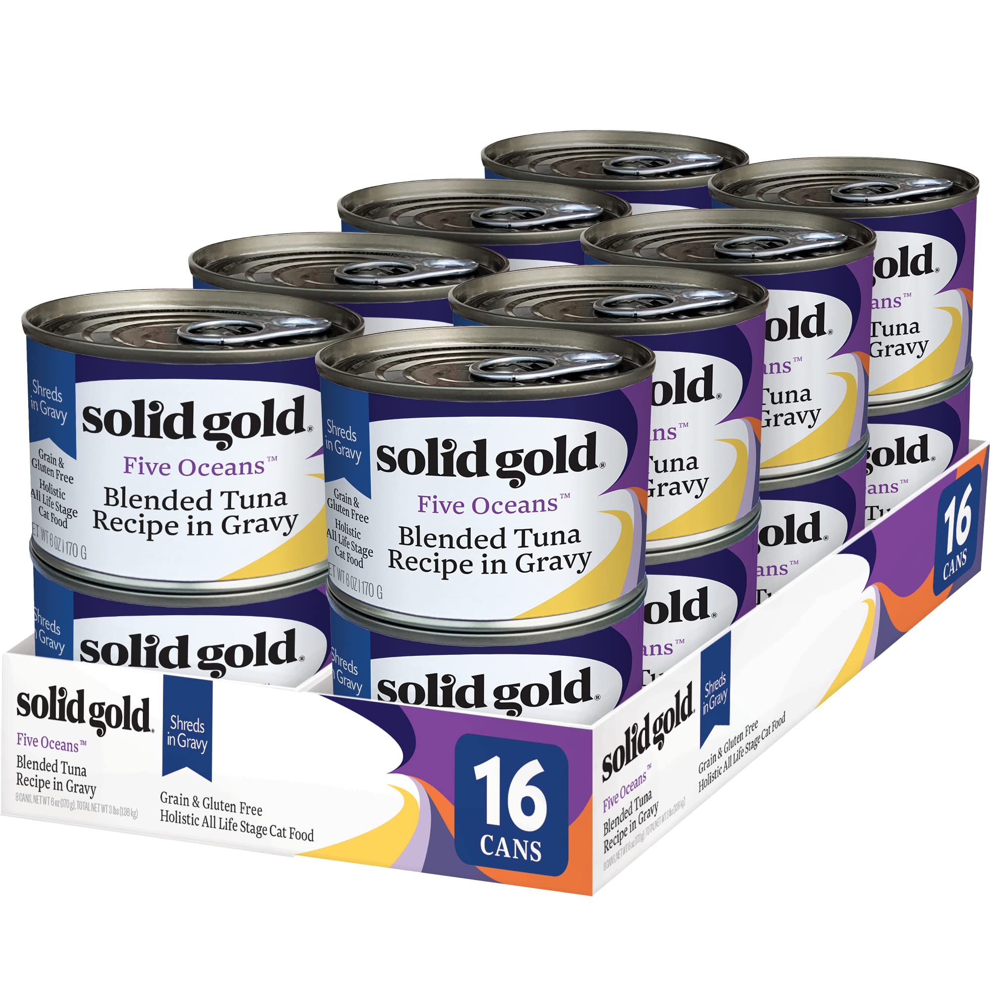 Solid Gold Wet Cat Food Shreds in Gravy - Canned Cat Food Made w/Real Tuna - Five Oceans Grain Free - 16ct/3oz Can