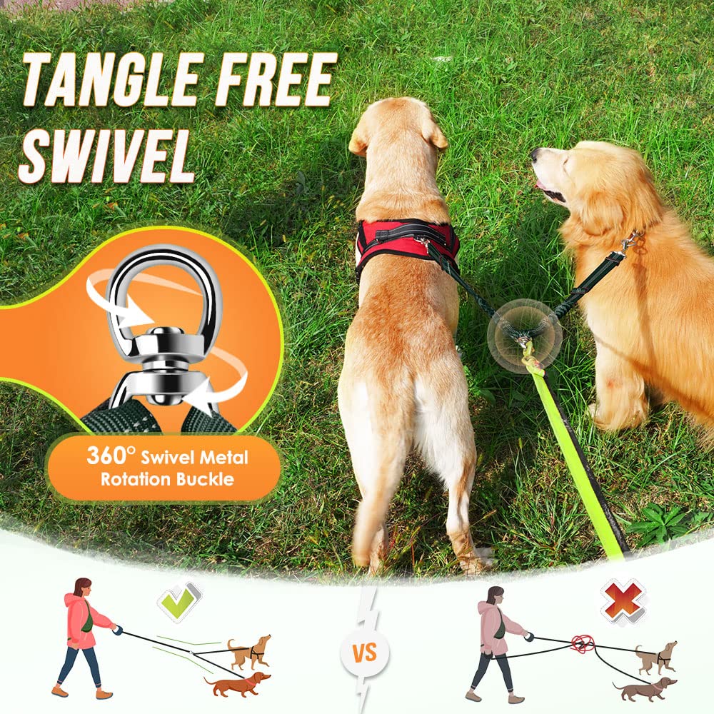 Autowt Double Dog Leash, No Tangle 360?Swivel Rotation Reflective Lead Attachment Adjustable Length Dual Two Dog Lead Splitter, Comfortable Shock Absorbing Walking Training For 2 Dogs