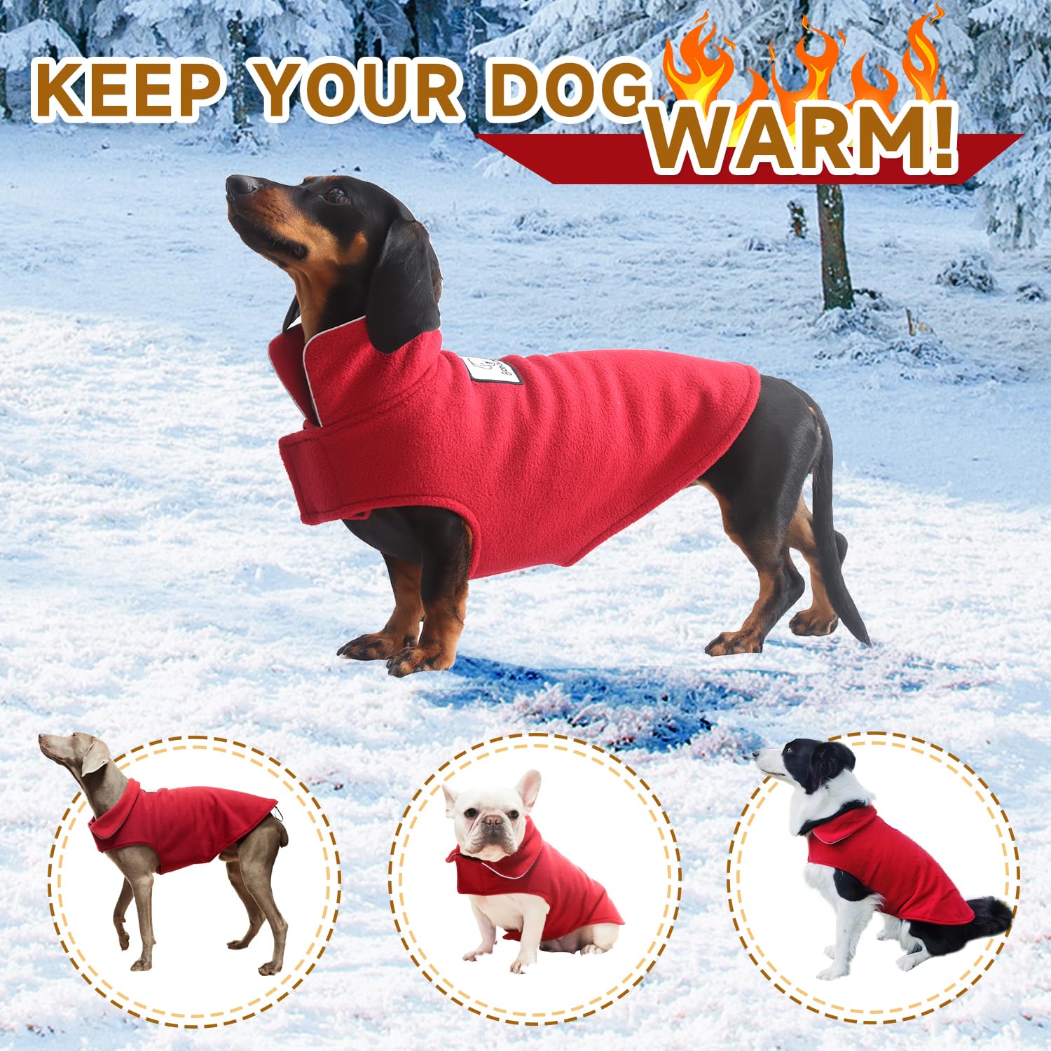 Fleece Dog Coat Pet Jacket Reflective For Cold Weather For Extra Large To Small Pets(Red,L)