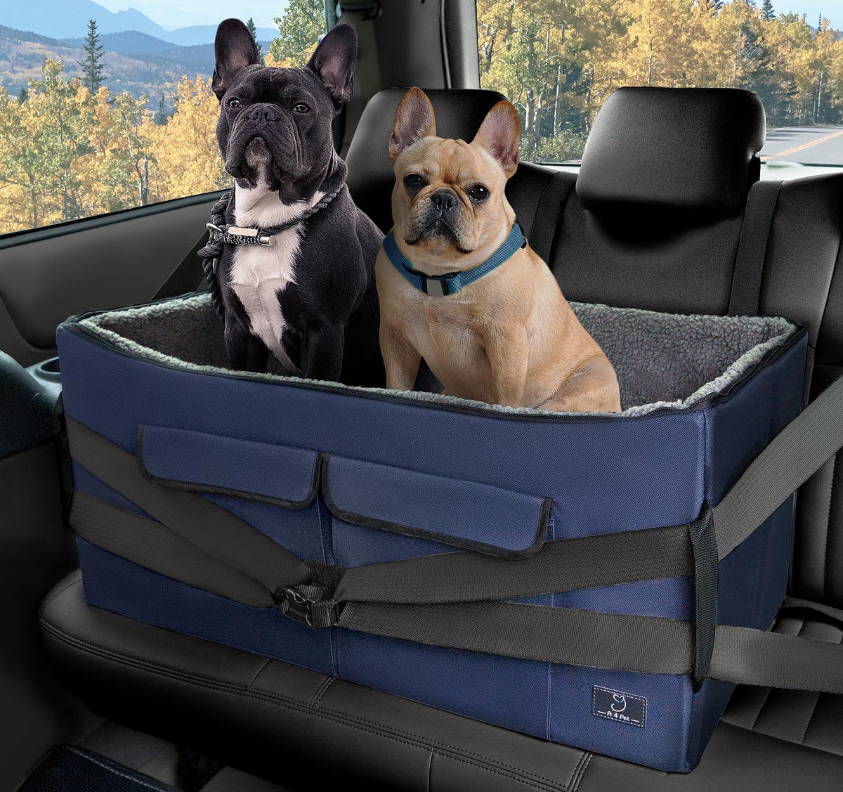 A4Pet Dog Car Seat Medium Large Size Dog - Large Dog Car Seat For 2 Dogs Large Dogs With Washable Cover, Safety Leashes, Storage Pockets - Pet Car Seat, Dog Booster Car Seat - Foldable & Portable