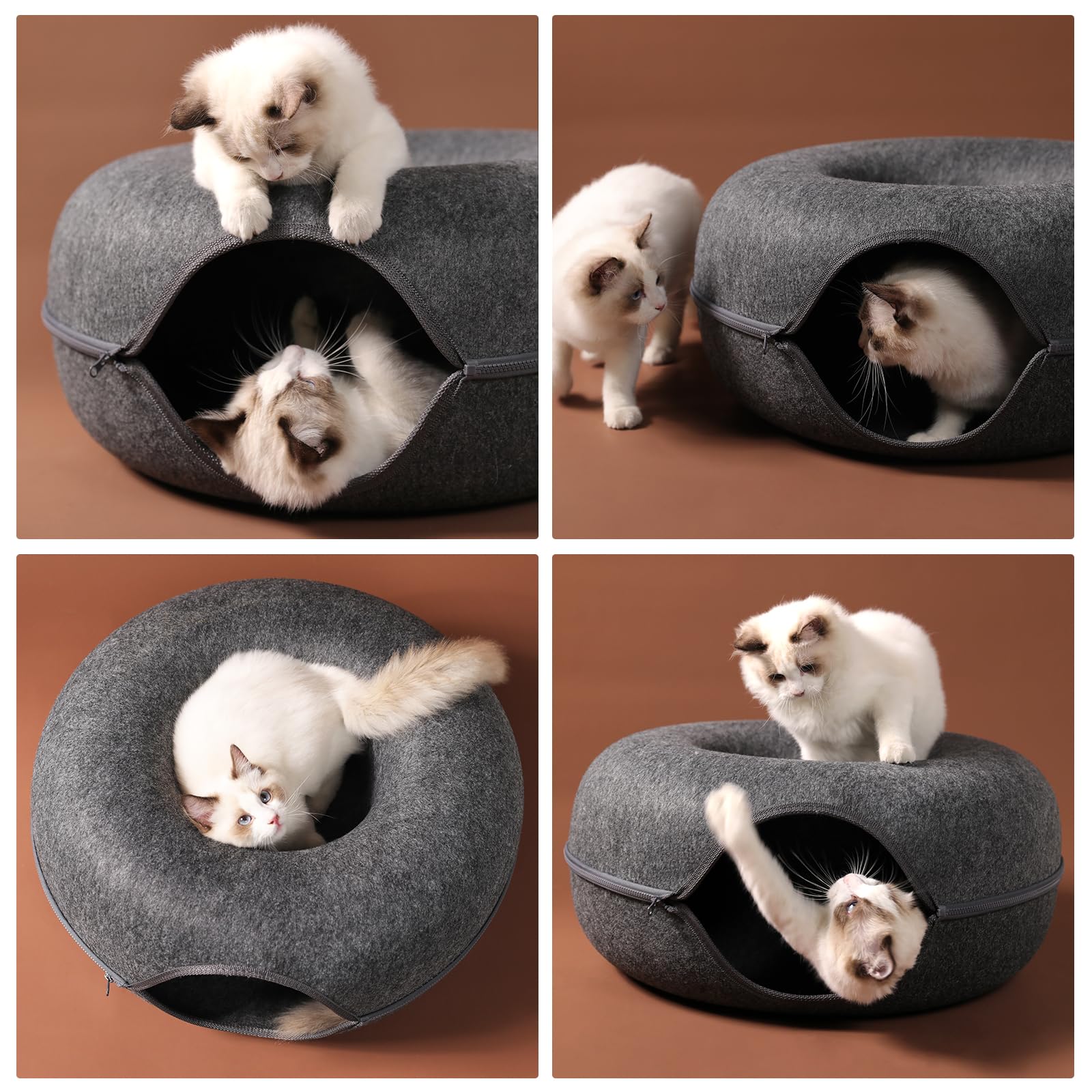 Bininl Cat Tunnel,Peekaboo Cave Bed for Indoor Cats,Donut Tunnel for Pet Cat House,Detachable Round Felt & Washable Interior Pla